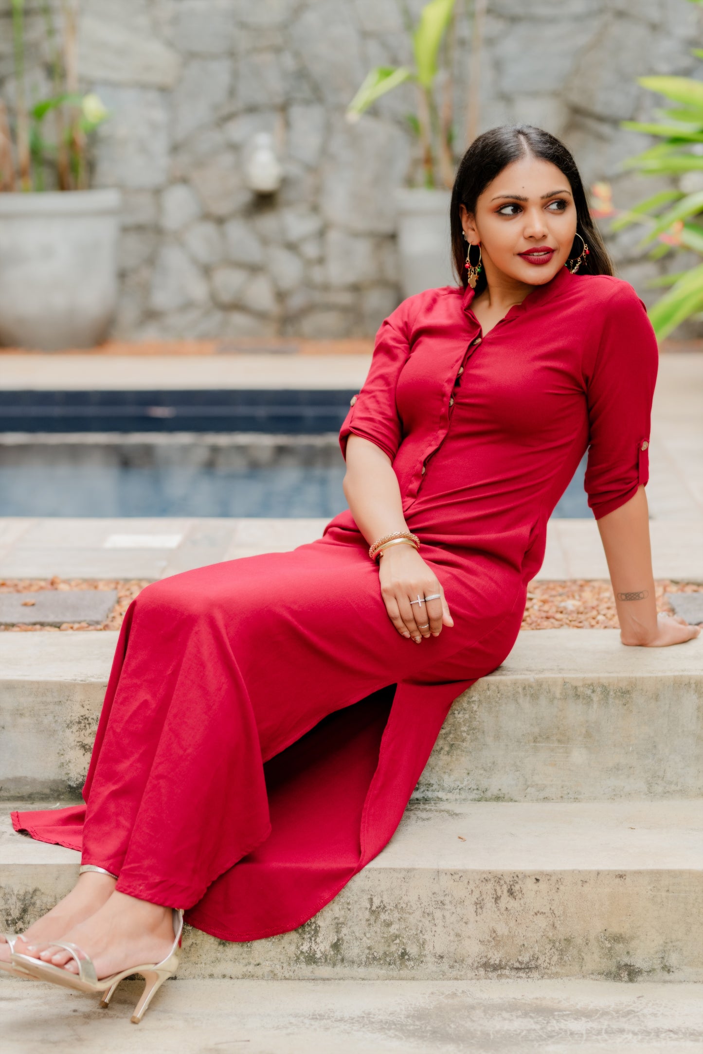 LUNE - Curved Hem Linen Dress (Red) - Womens Wear