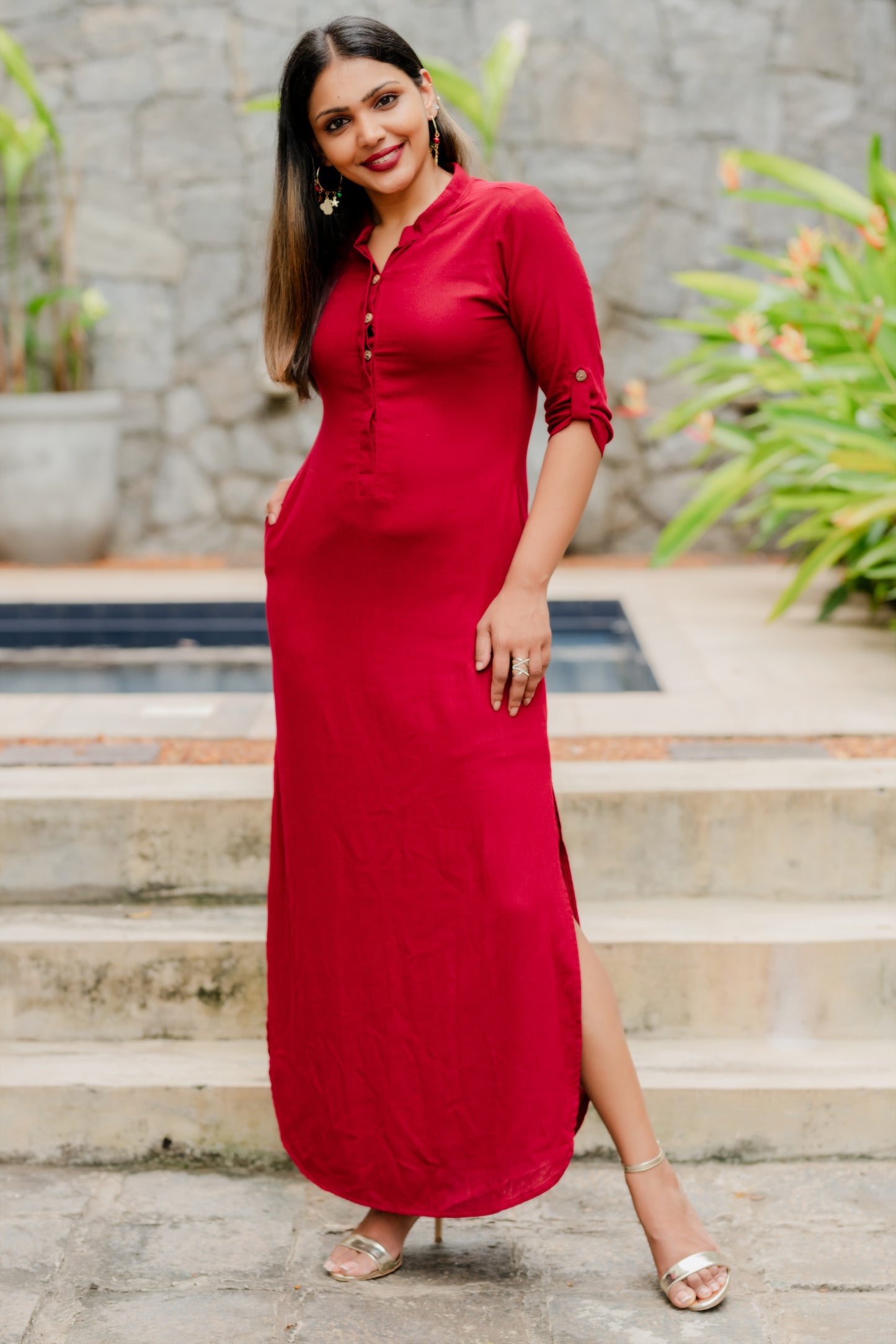 LUNE - Curved Hem Linen Dress (Red) - Womens Wear