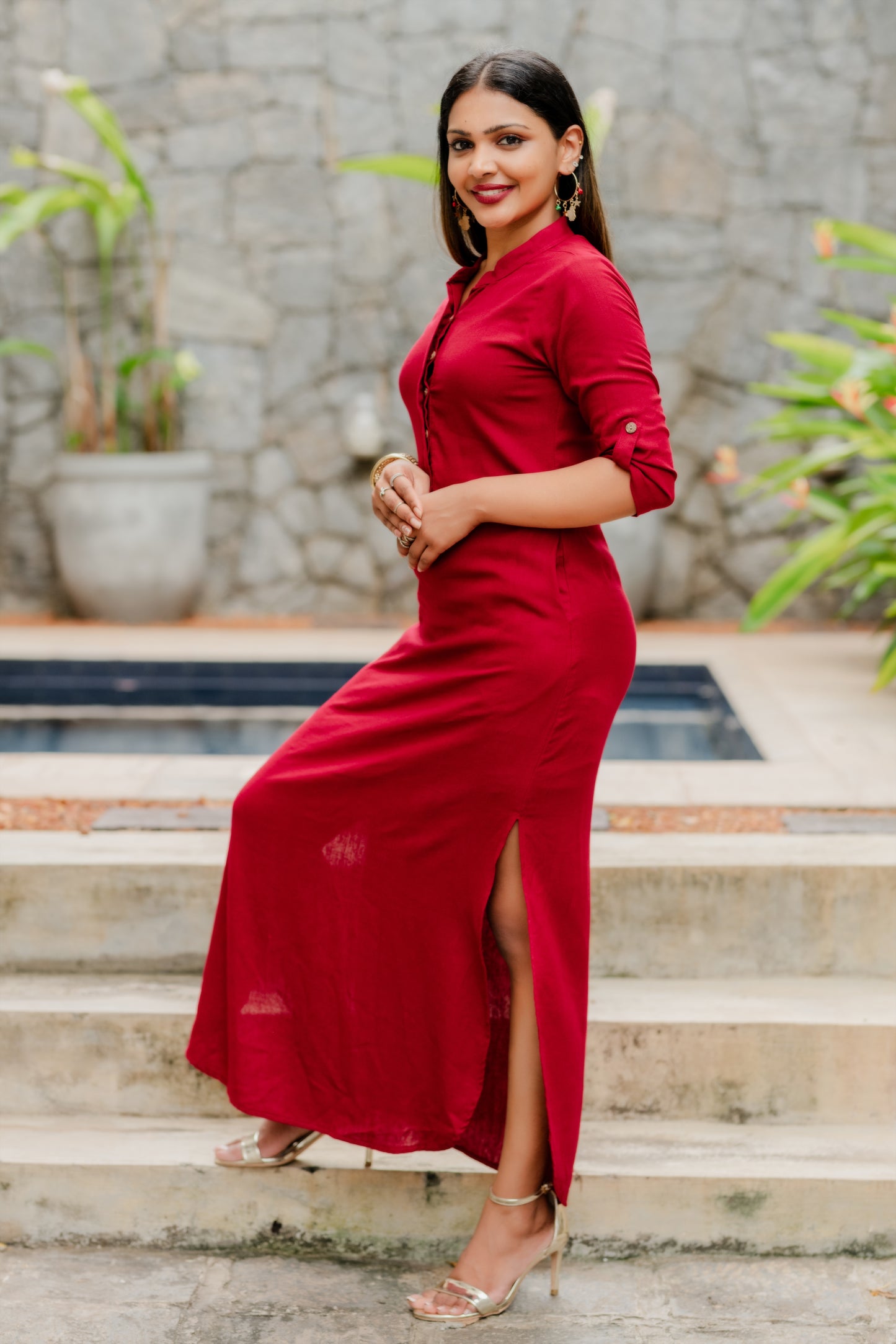 LUNE - Curved Hem Linen Dress (Red) - Womens Wear