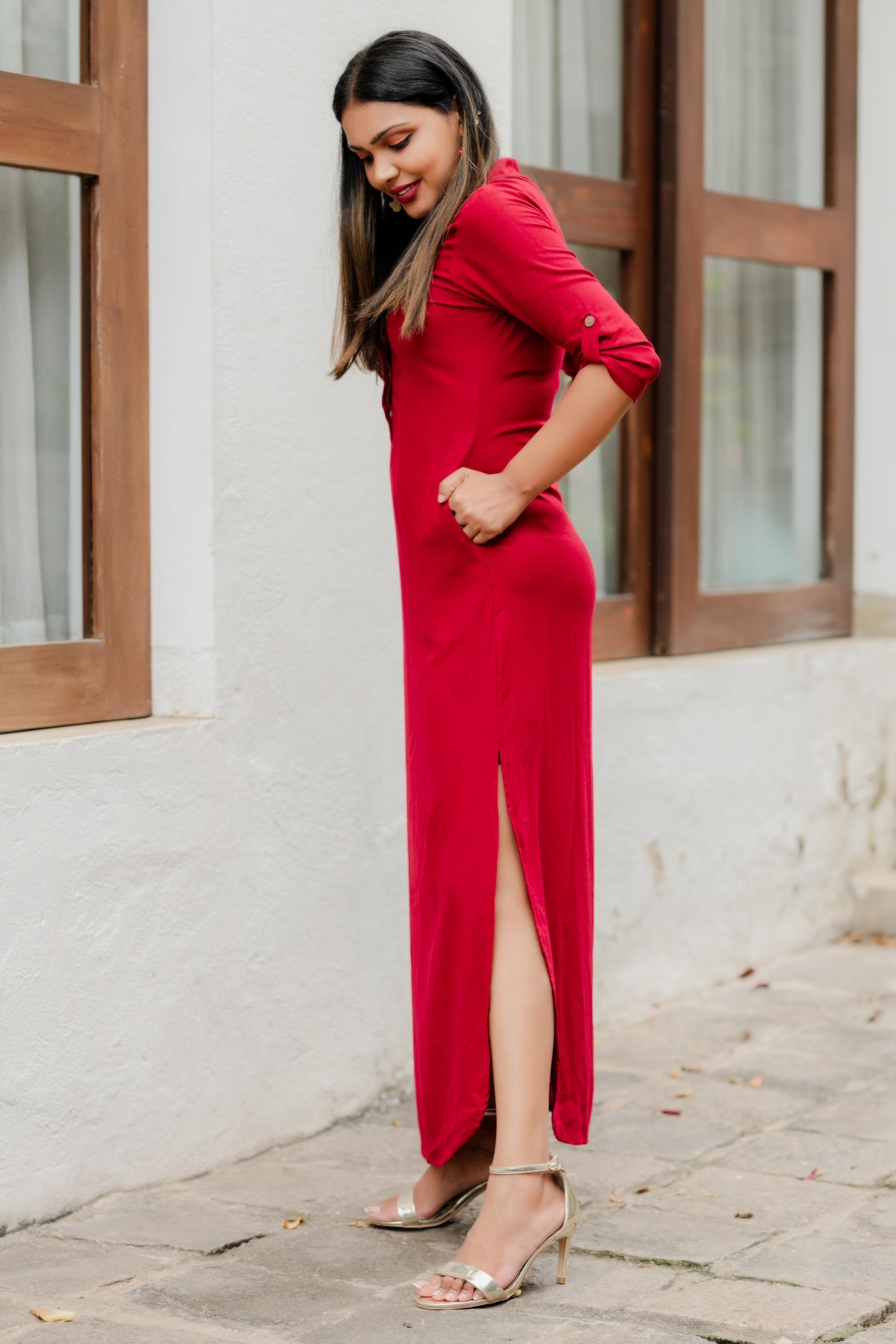 LUNE - Curved Hem Linen Dress (Red) - Womens Wear