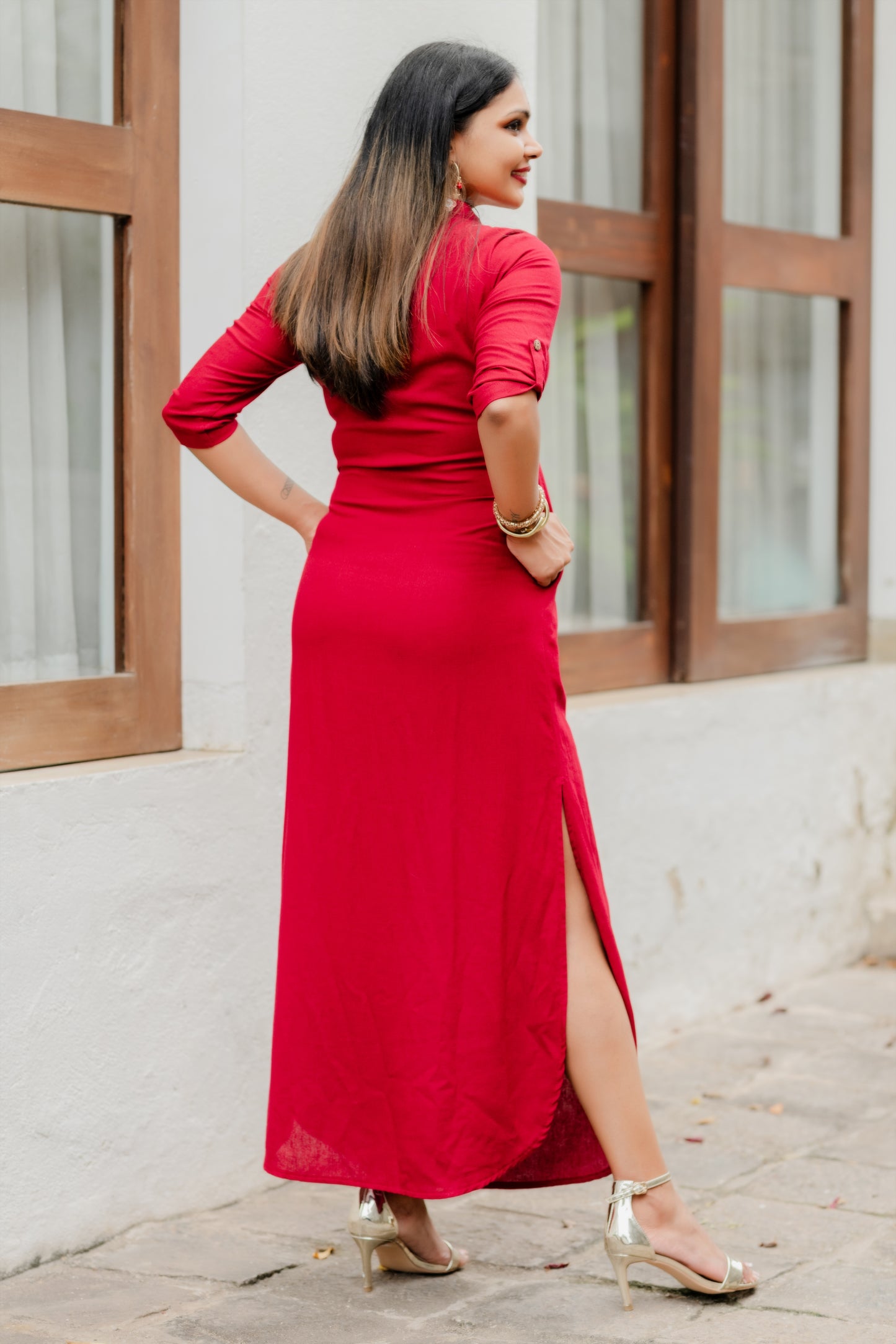 LUNE - Curved Hem Linen Dress (Red) - Womens Wear