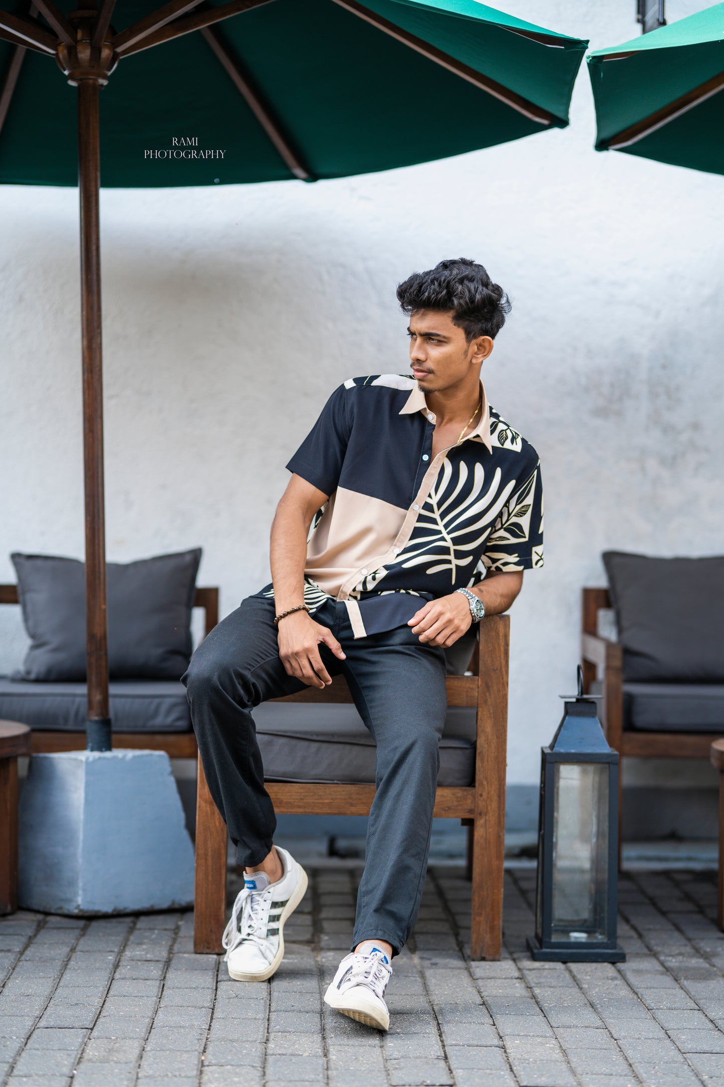 MATTHEW - Short-Sleeve Leaf Print Shirt (Black/Beige) - Mens Wear