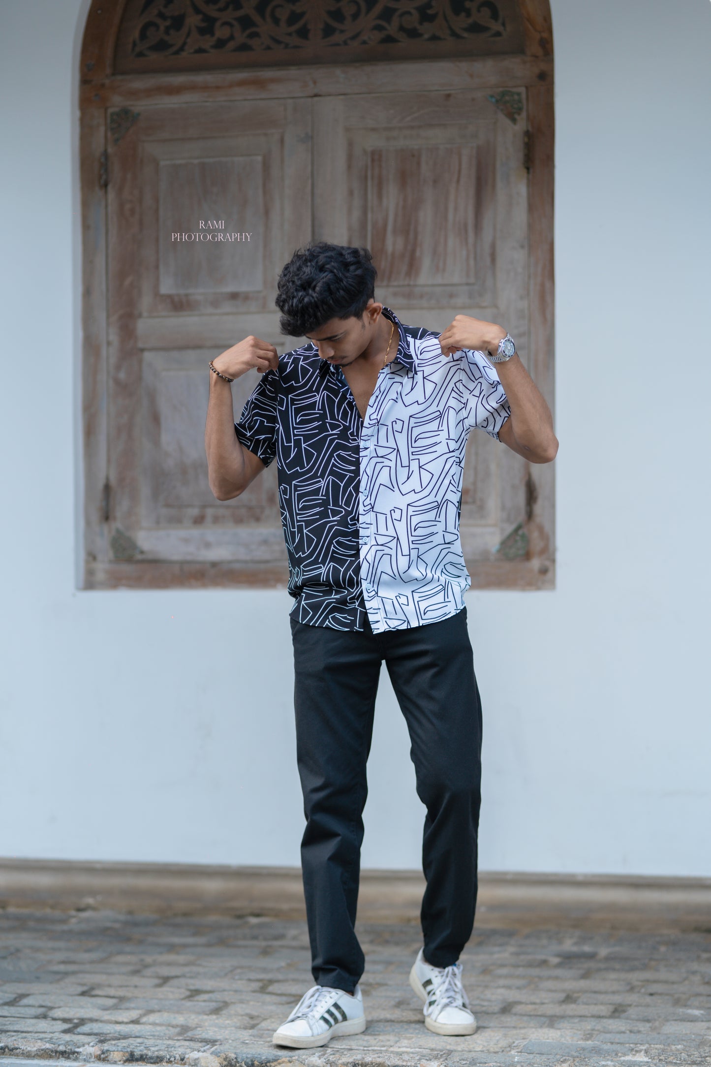 MATTHEW - Short Sleeved Two-Side Monochrome Maze Shirt (Black/White) - Mens Wear