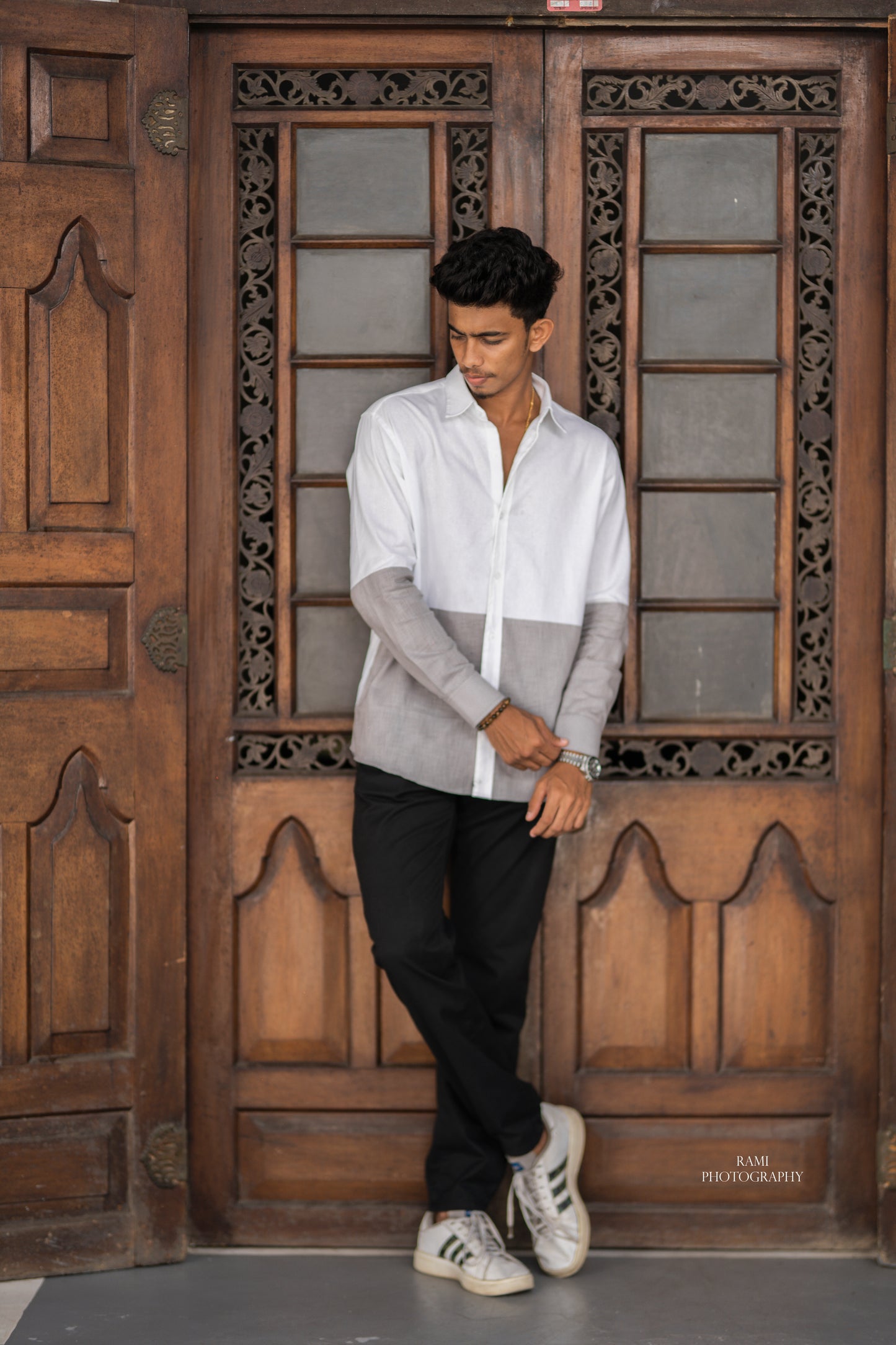 MATTHEW - Long Sleeved Bicolor Shirt (White - Grey) - Mens Wear