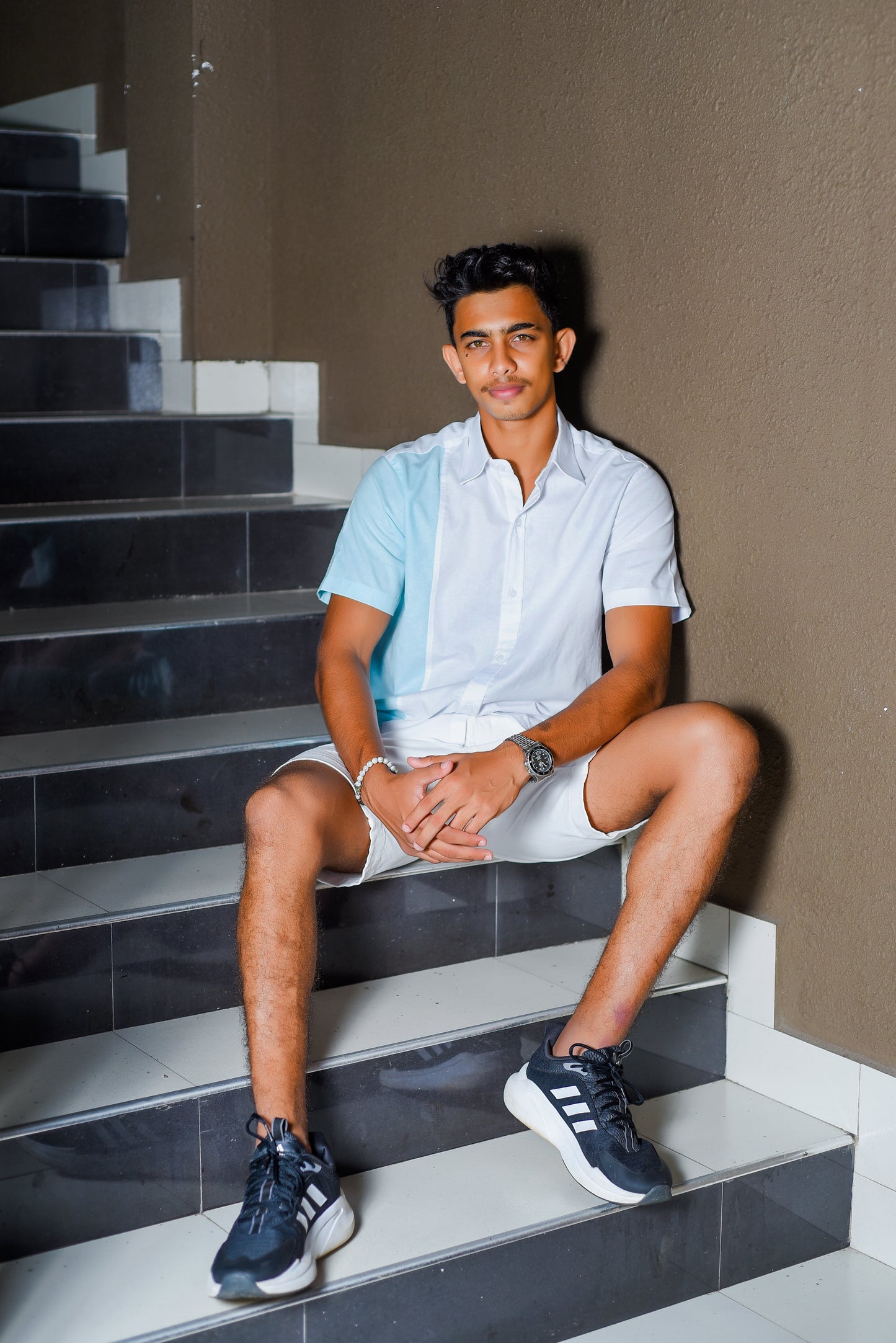 MATTHEW - Short Sleeve Dual Tone Split Shirt (White/Light Blue) - Mens Wear