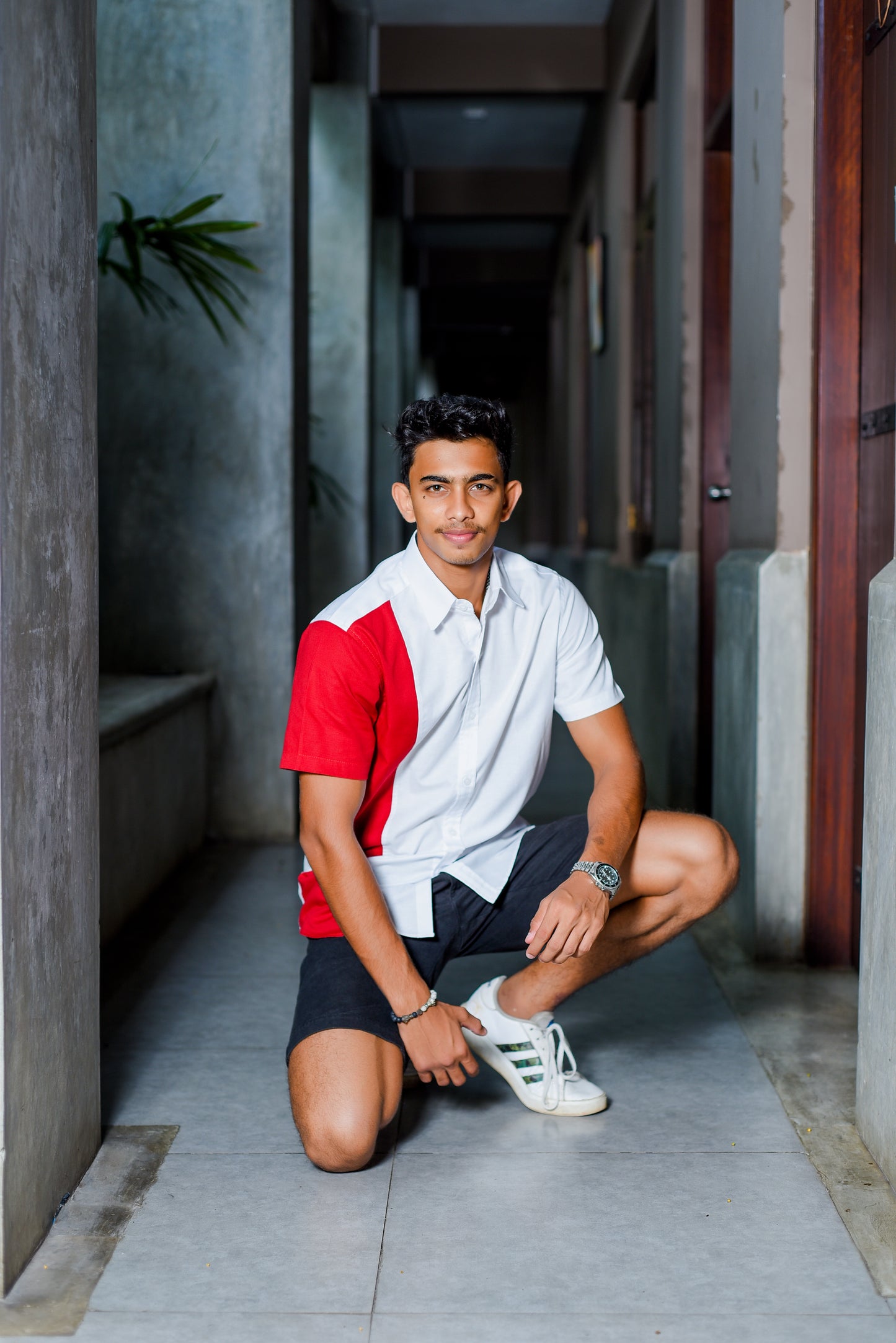 MATTHEW - Short Sleeve Dual Tone Split Shirt (White/Red) - Mens Wear