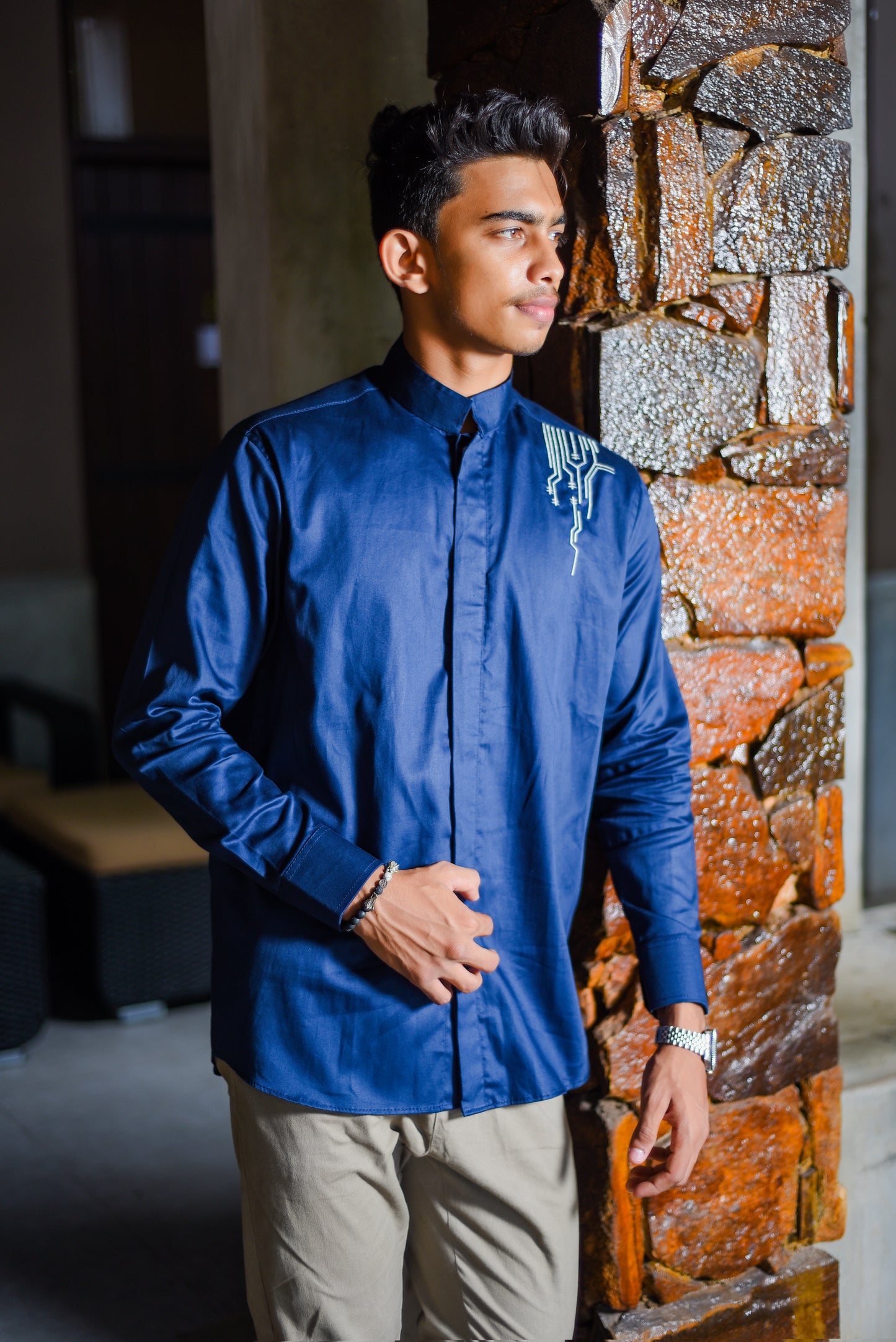 MATTHEW - Long Sleeved Embroidered Shirt (Dark Blue) - Mens Wear