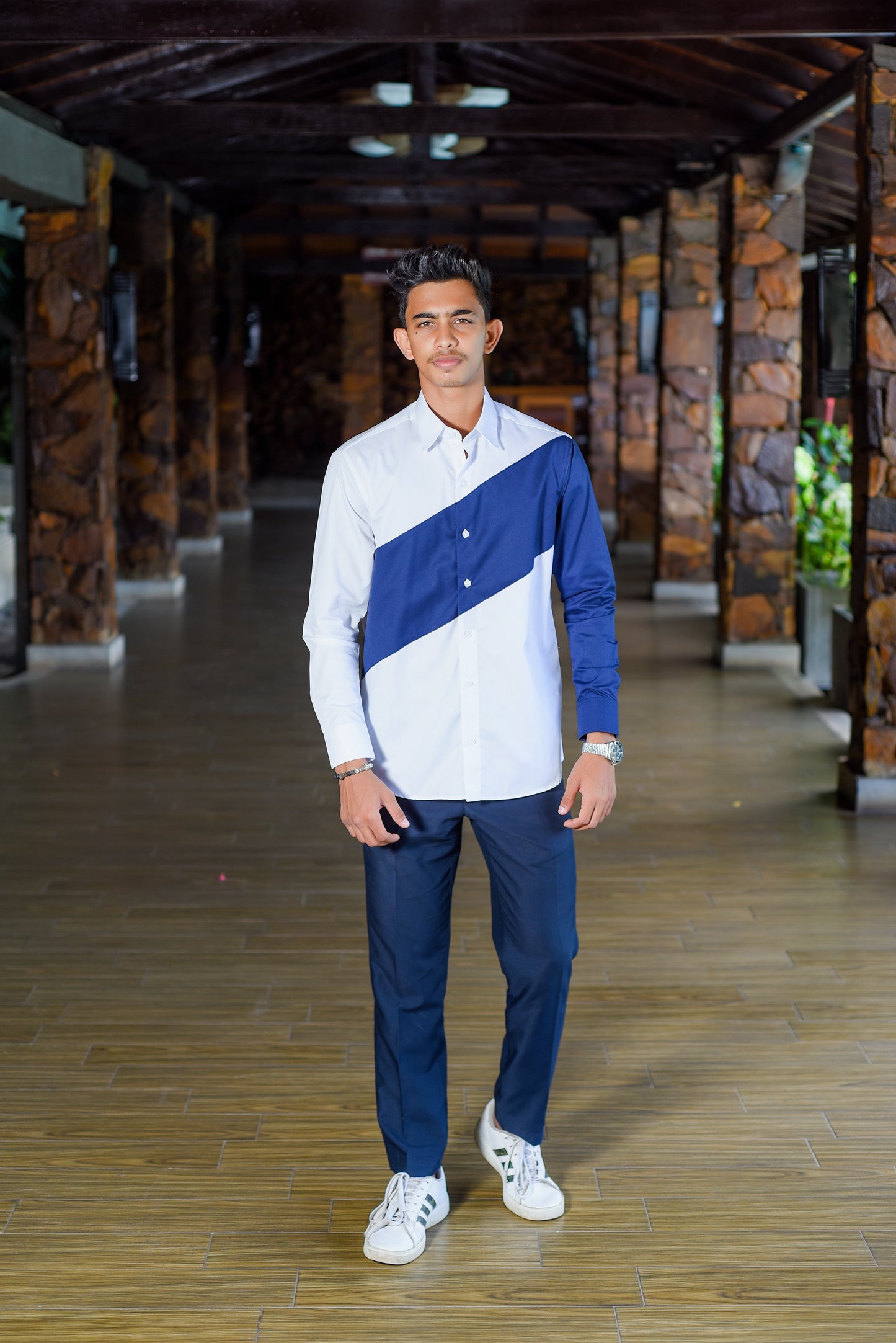MATTHEW - Long Sleeve Dynamic Contrast Shirt (White/Blue) - Mens Wear