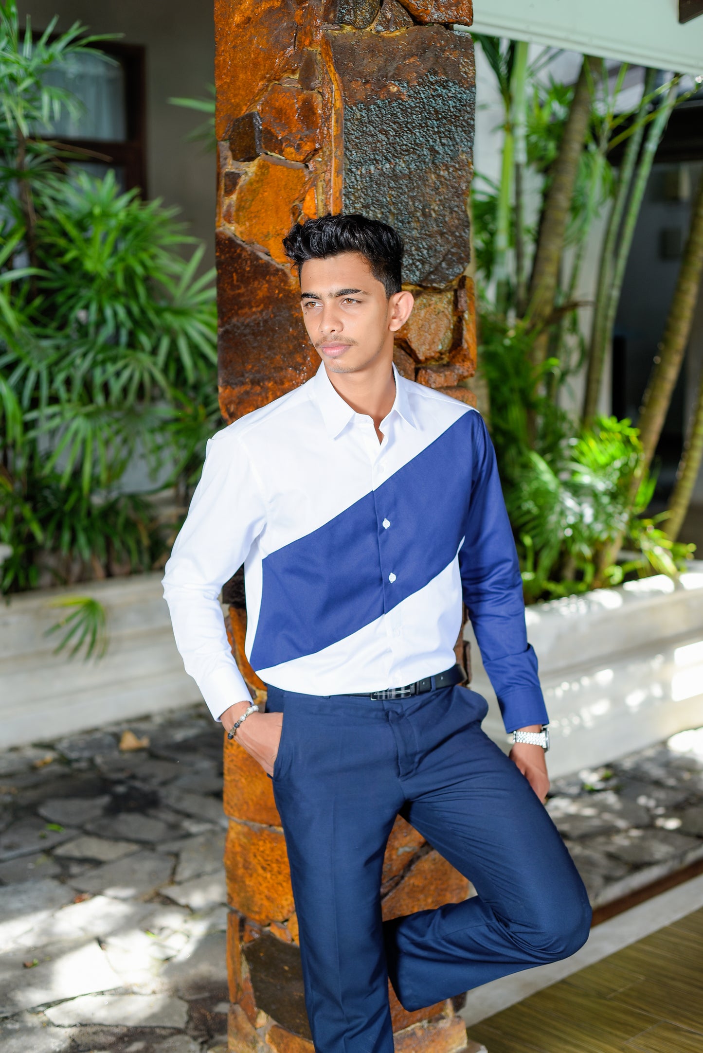 MATTHEW - Long Sleeve Dynamic Contrast Shirt (White/Blue) - Mens Wear
