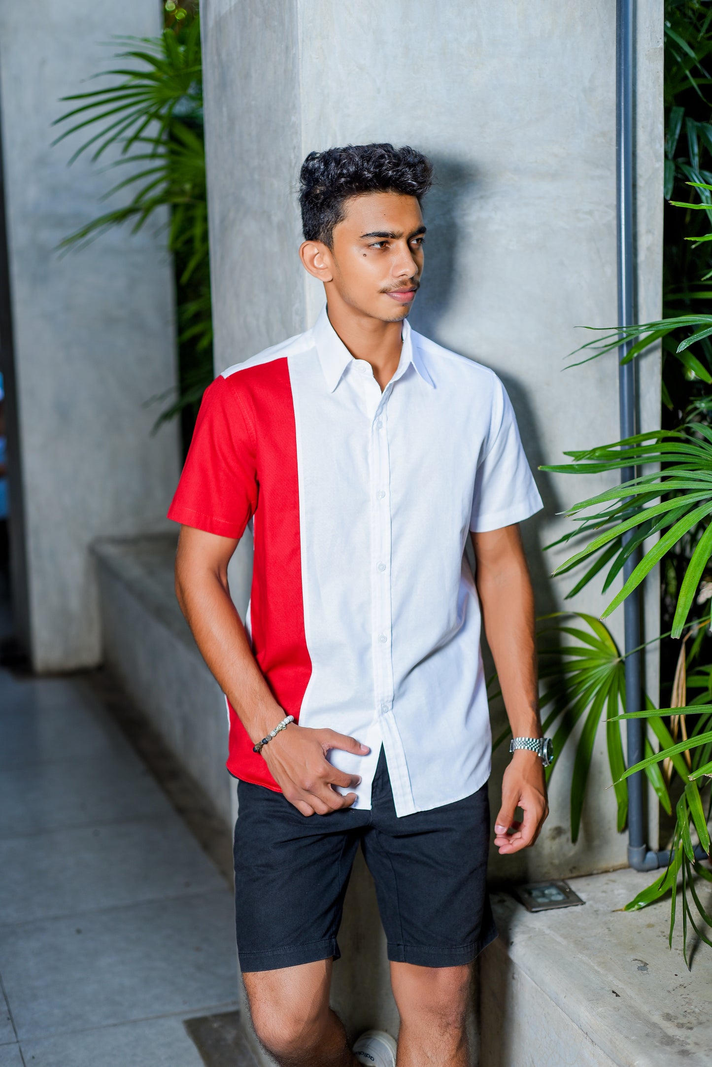 MATTHEW - Short Sleeve Dual Tone Split Shirt (White/Red) - Mens Wear