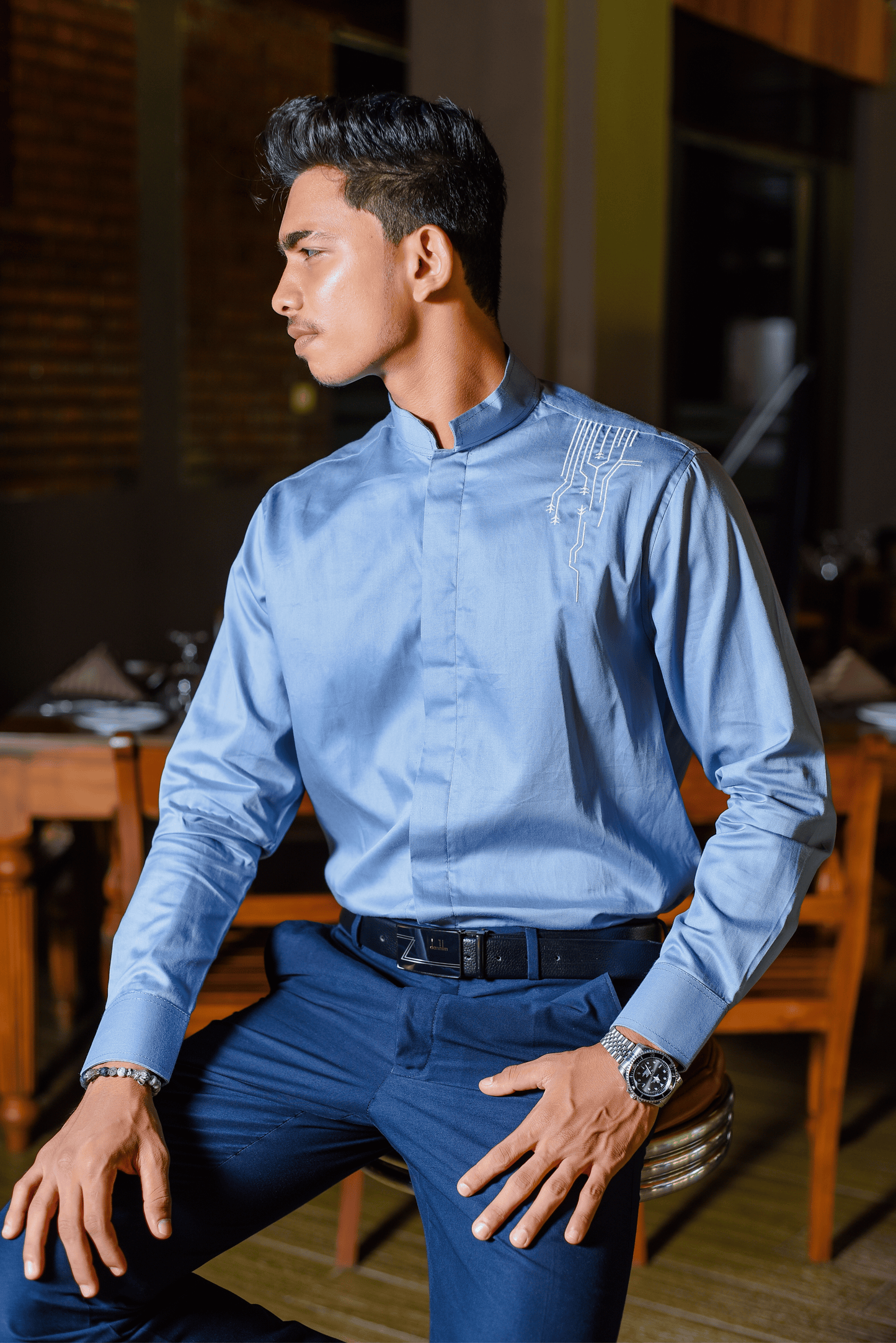 MATTHEW - Long Sleeved Embroidered Shirt (Light Blue) - Mens Wear