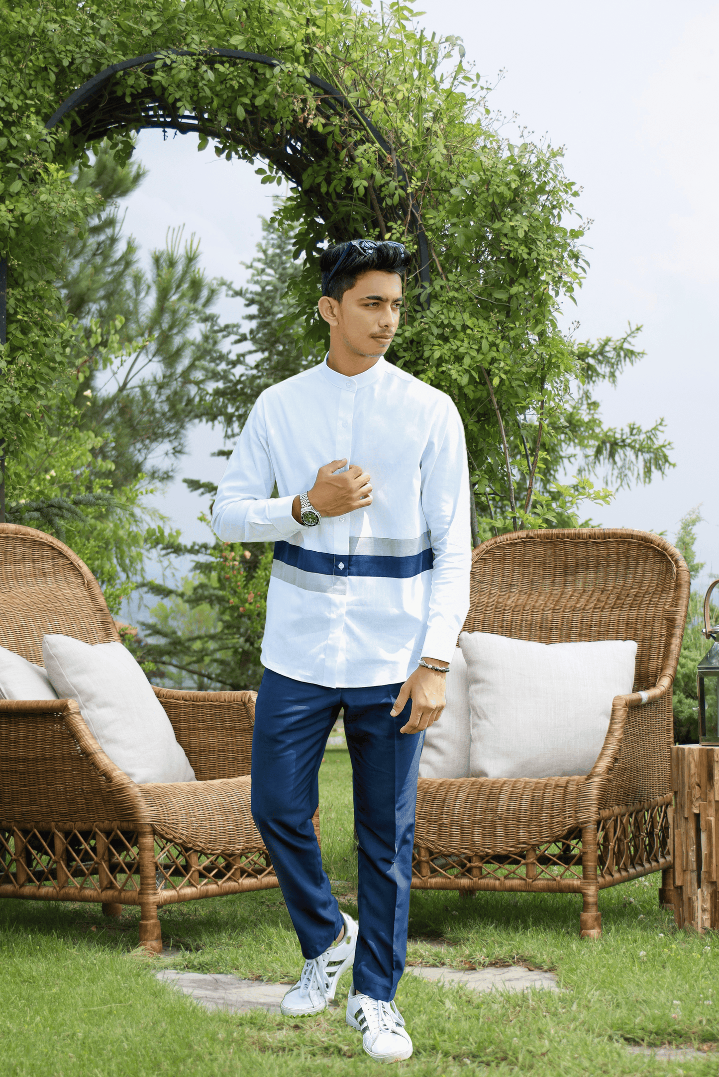 MATTHEW - Long Sleeved Minimalist Stripe Accent Shirt (White - Grey/Blue) - Mens Wear