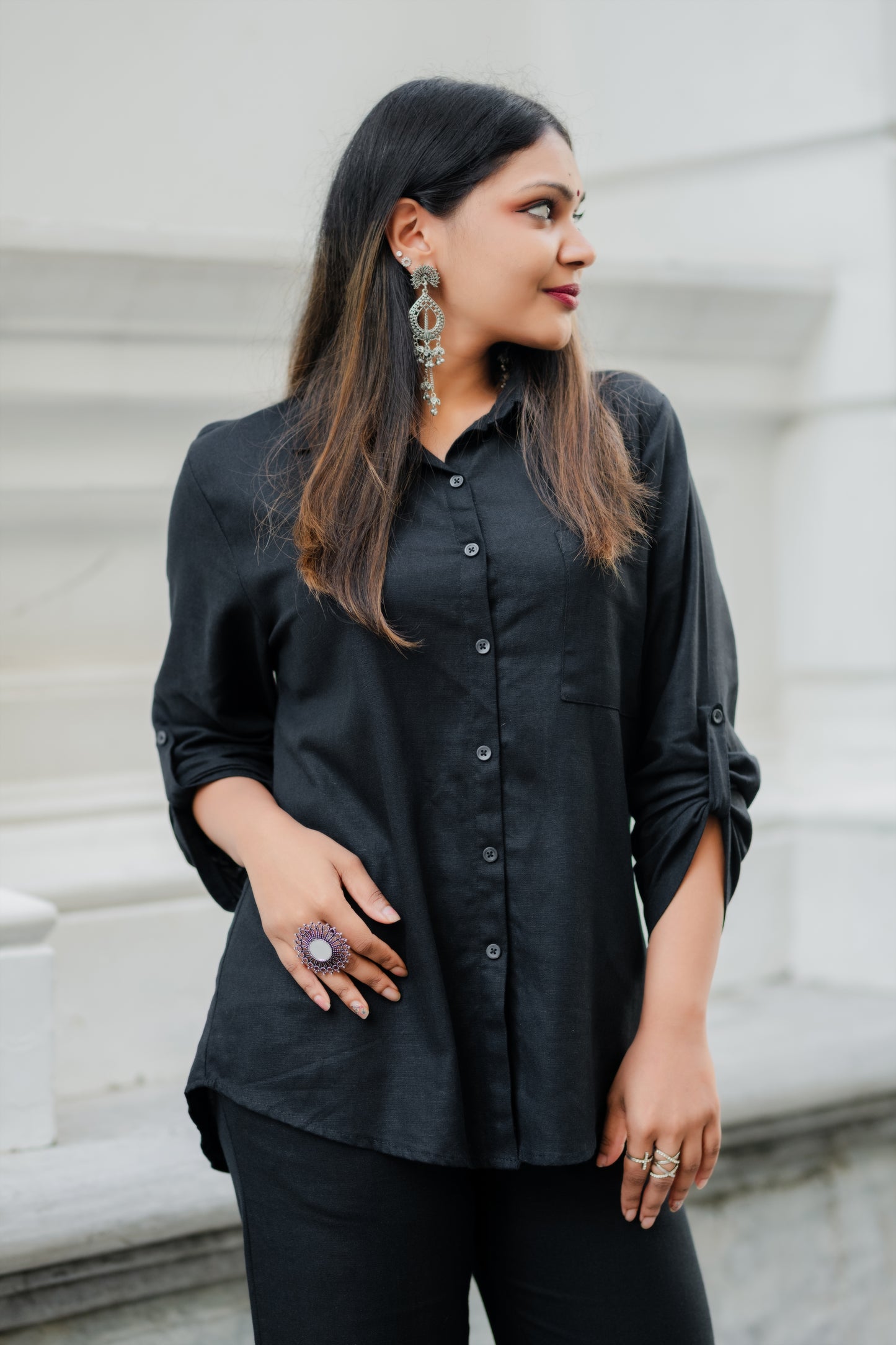LUNE - Oversize Linen Shirt Blouse (Black) - Womens Wear
