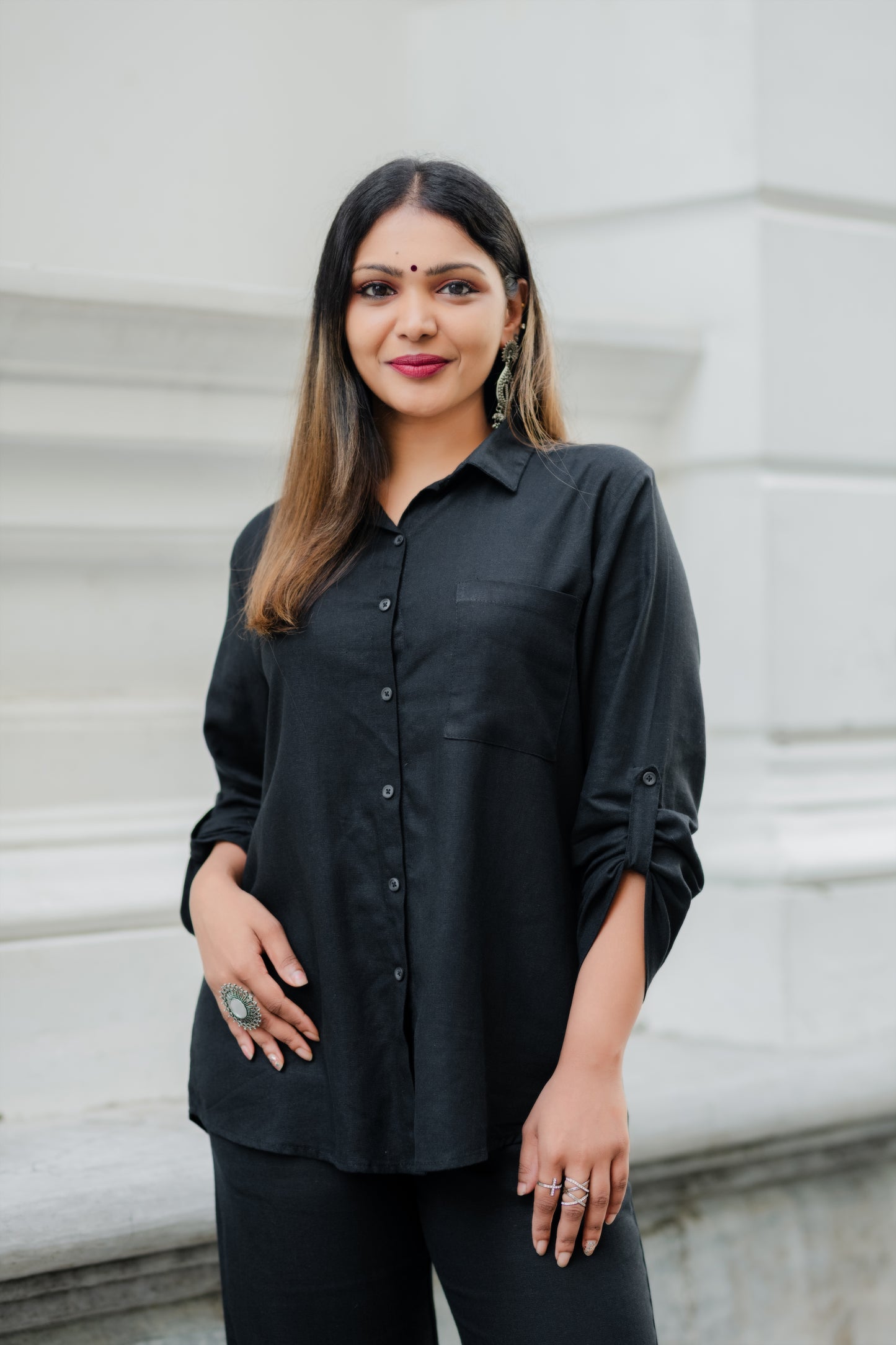 LUNE - Oversize Linen Shirt Blouse (Black) - Womens Wear
