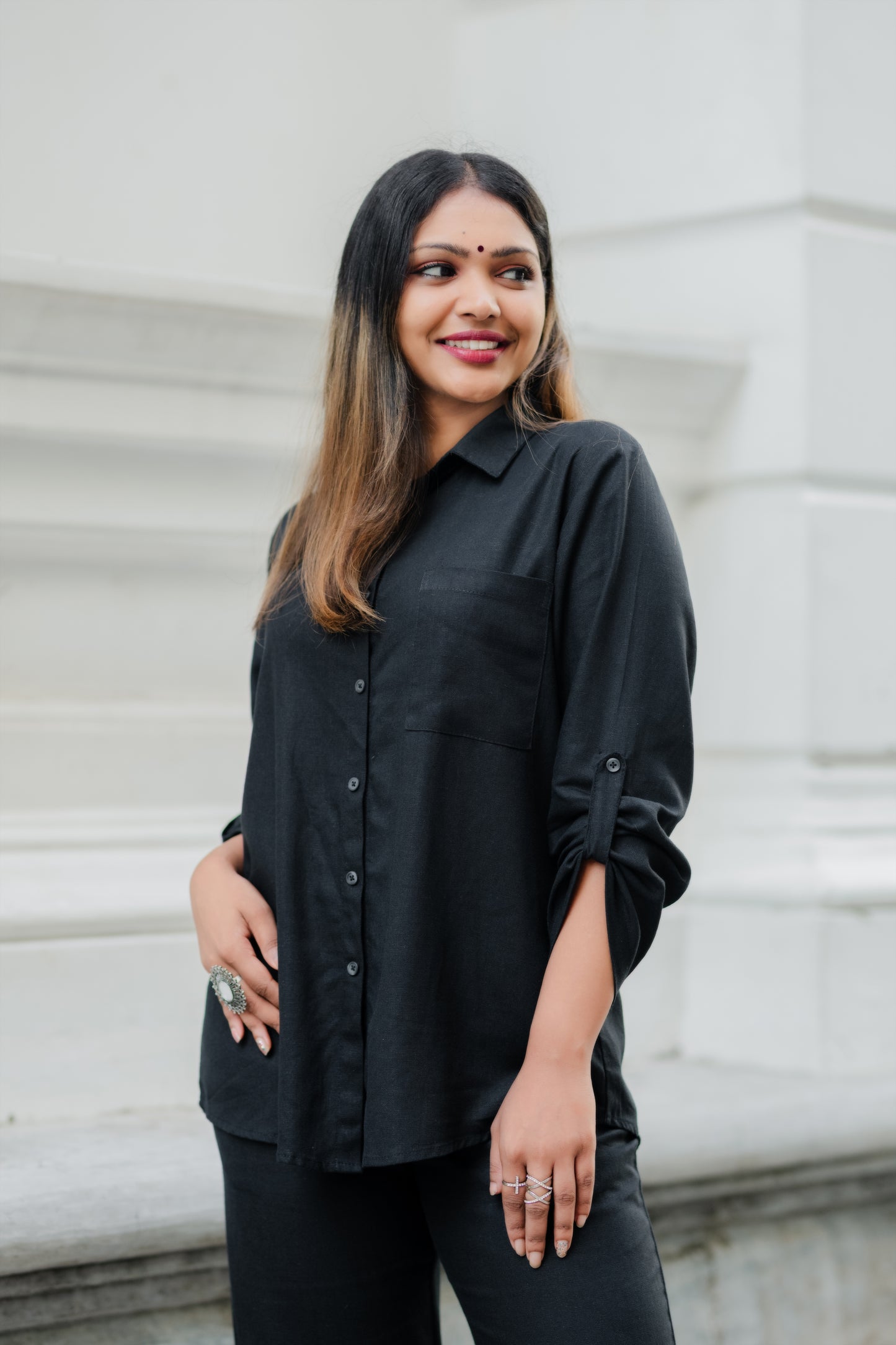 LUNE - Oversize Linen Shirt Blouse (Black) - Womens Wear