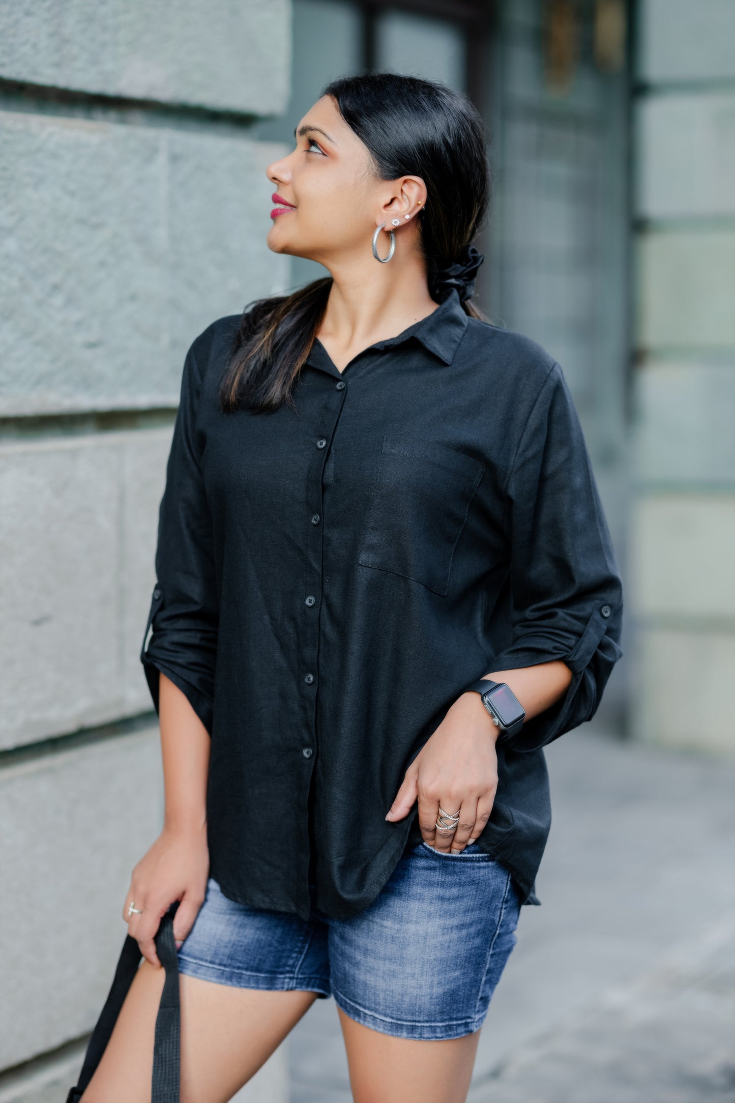 LUNE - Oversize Linen Shirt Blouse (Black) - Womens Wear