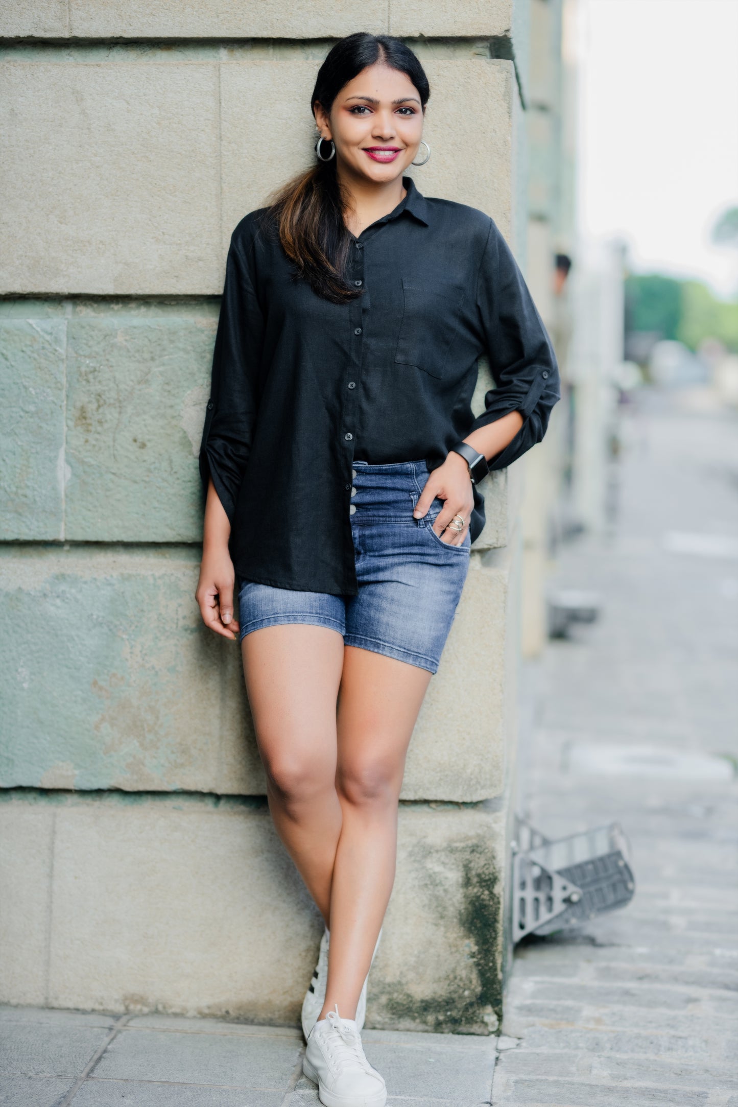 LUNE - Oversize Linen Shirt Blouse (Black) - Womens Wear