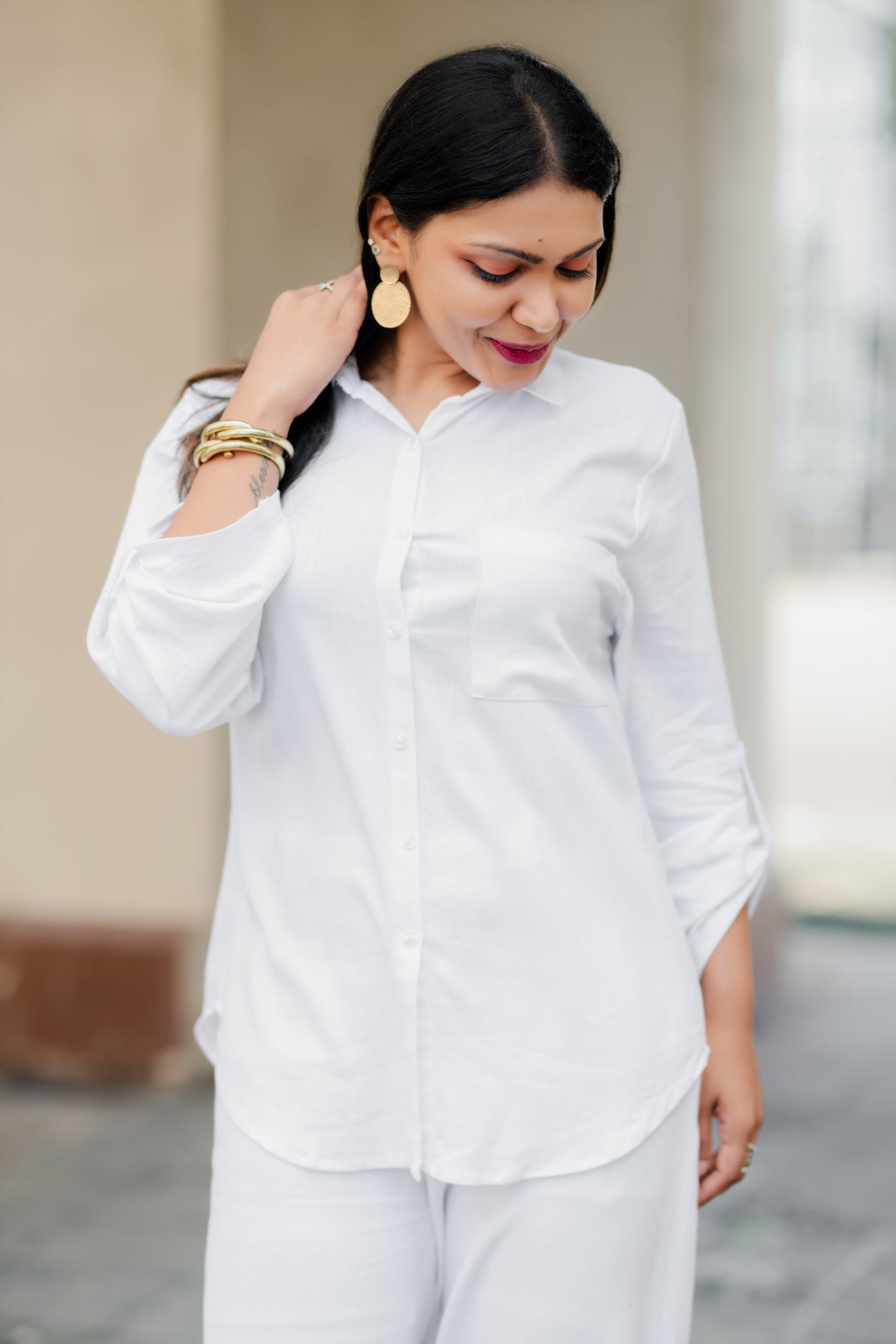 LUNE - Oversize Linen Shirt Blouse (White) - Womens Wear