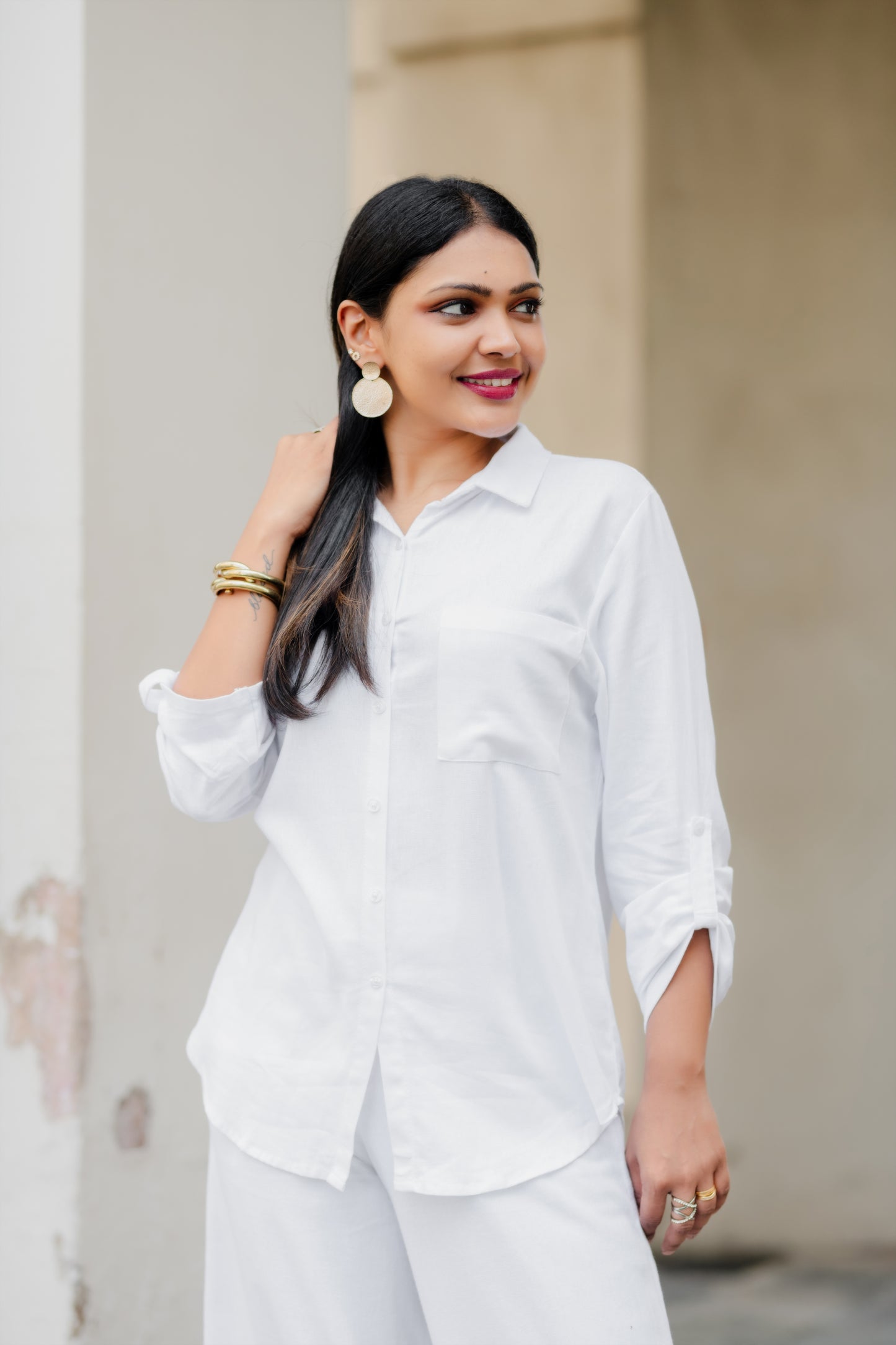 LUNE - Oversize Linen Shirt Blouse (White) - Womens Wear