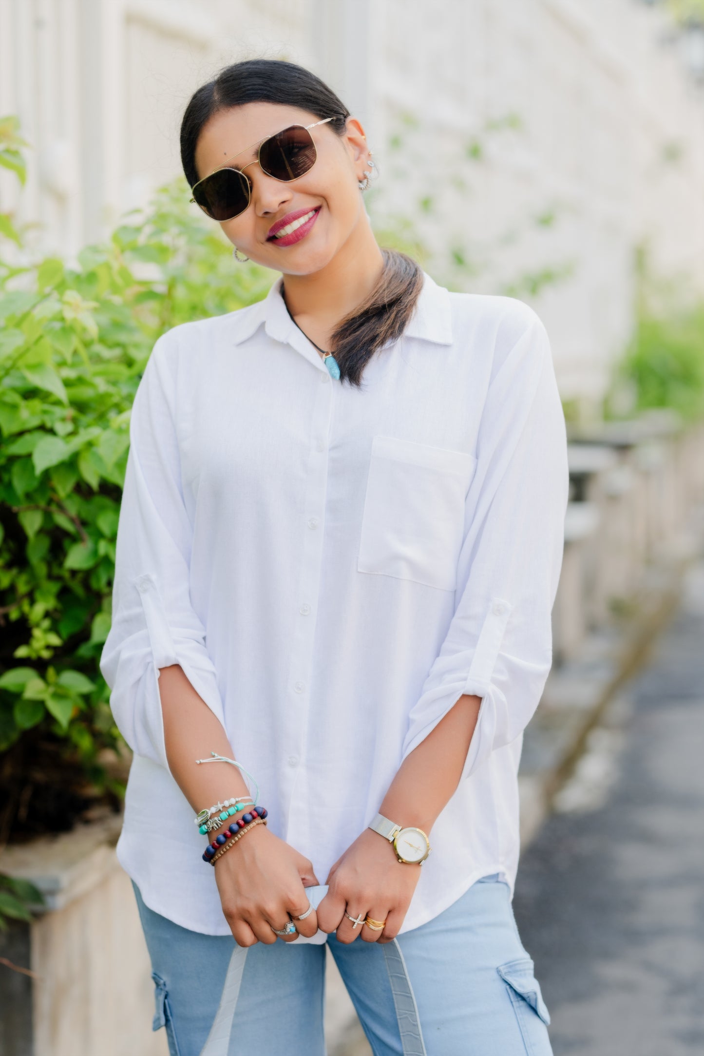 LUNE - Oversize Linen Shirt Blouse (White) - Womens Wear
