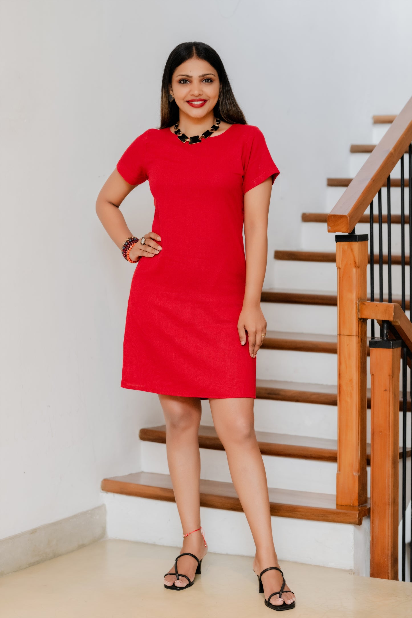 LUNE - Shift Linen Dress (Red) - Womens Wear