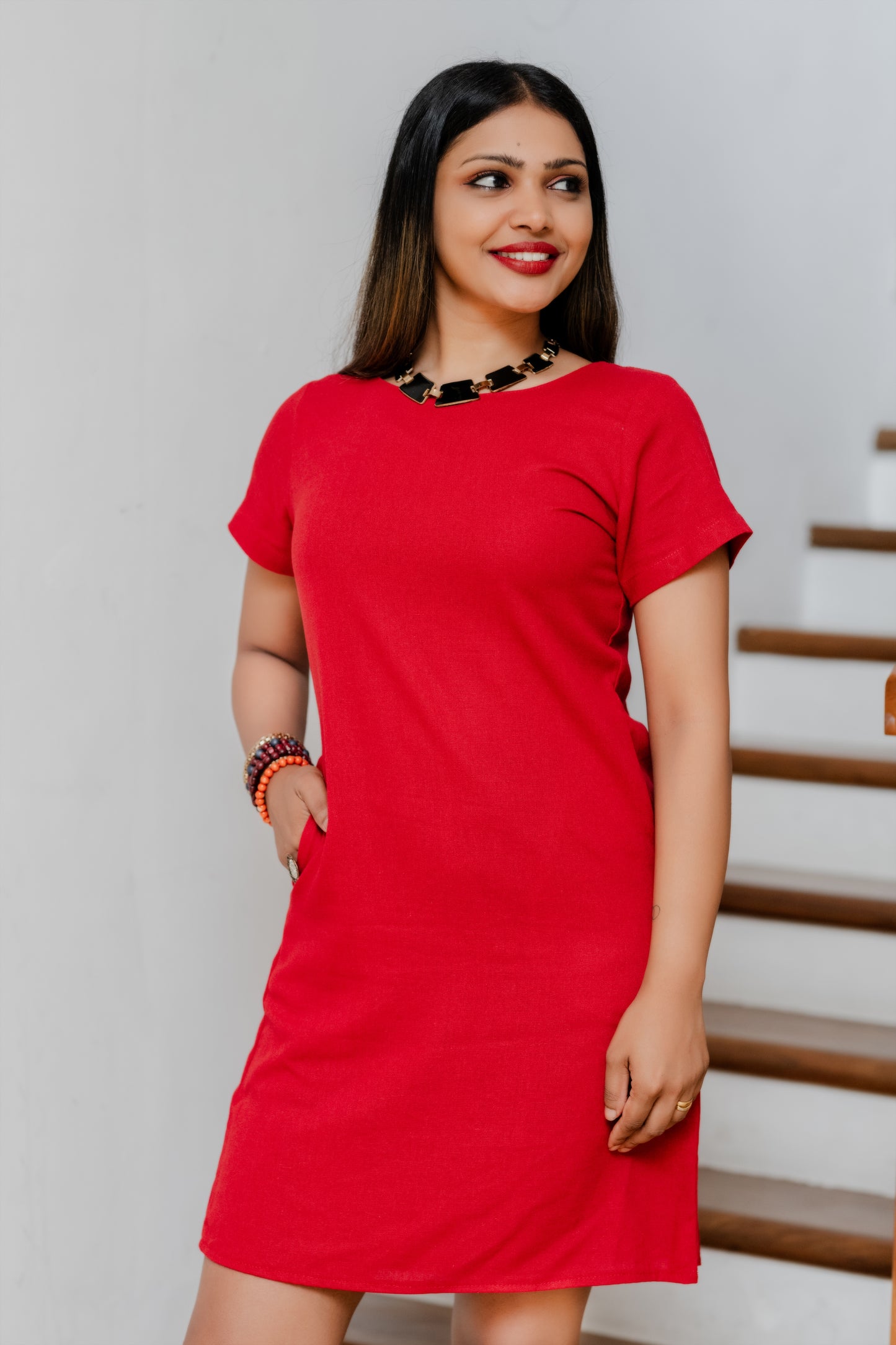 LUNE - Shift Linen Dress (Red) - Womens Wear