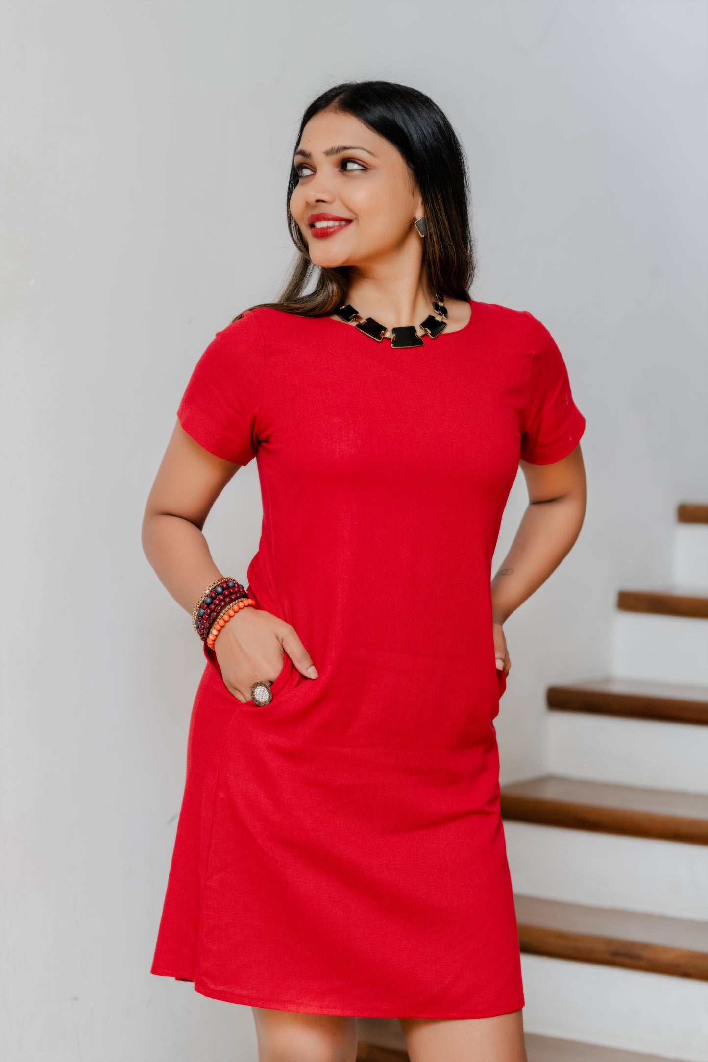 LUNE - Shift Linen Dress (Red) - Womens Wear