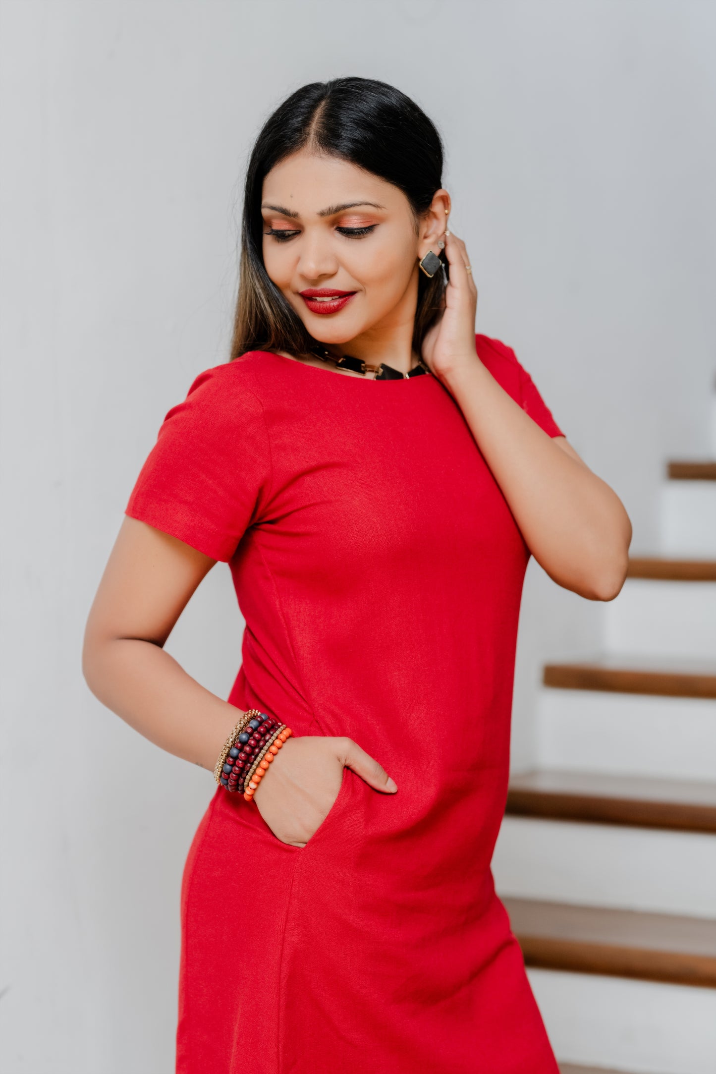 LUNE - Shift Linen Dress (Red) - Womens Wear