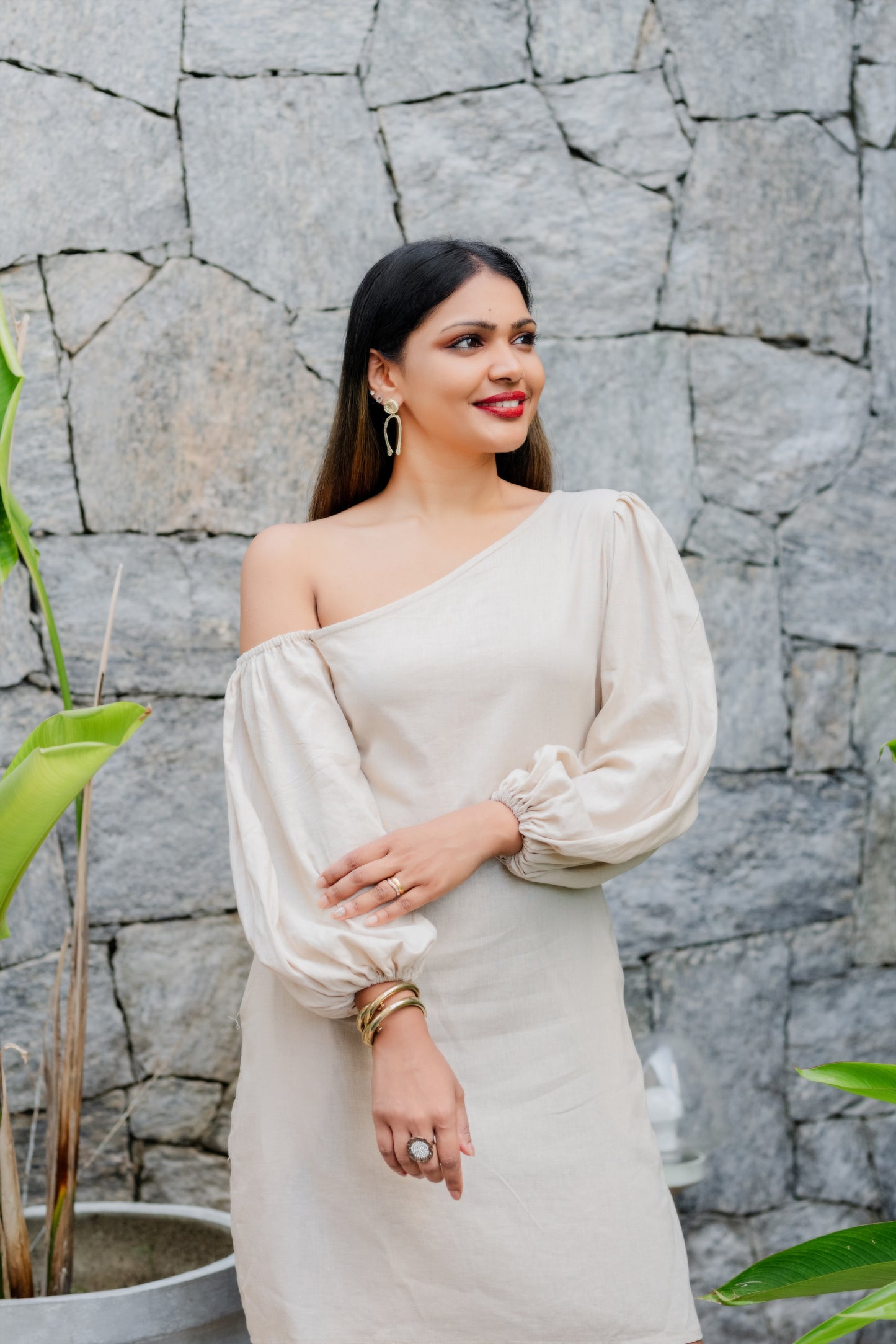 LUNE - One Shoulder Puff Sleeve Linen Dress (Beige) - Womens Wear