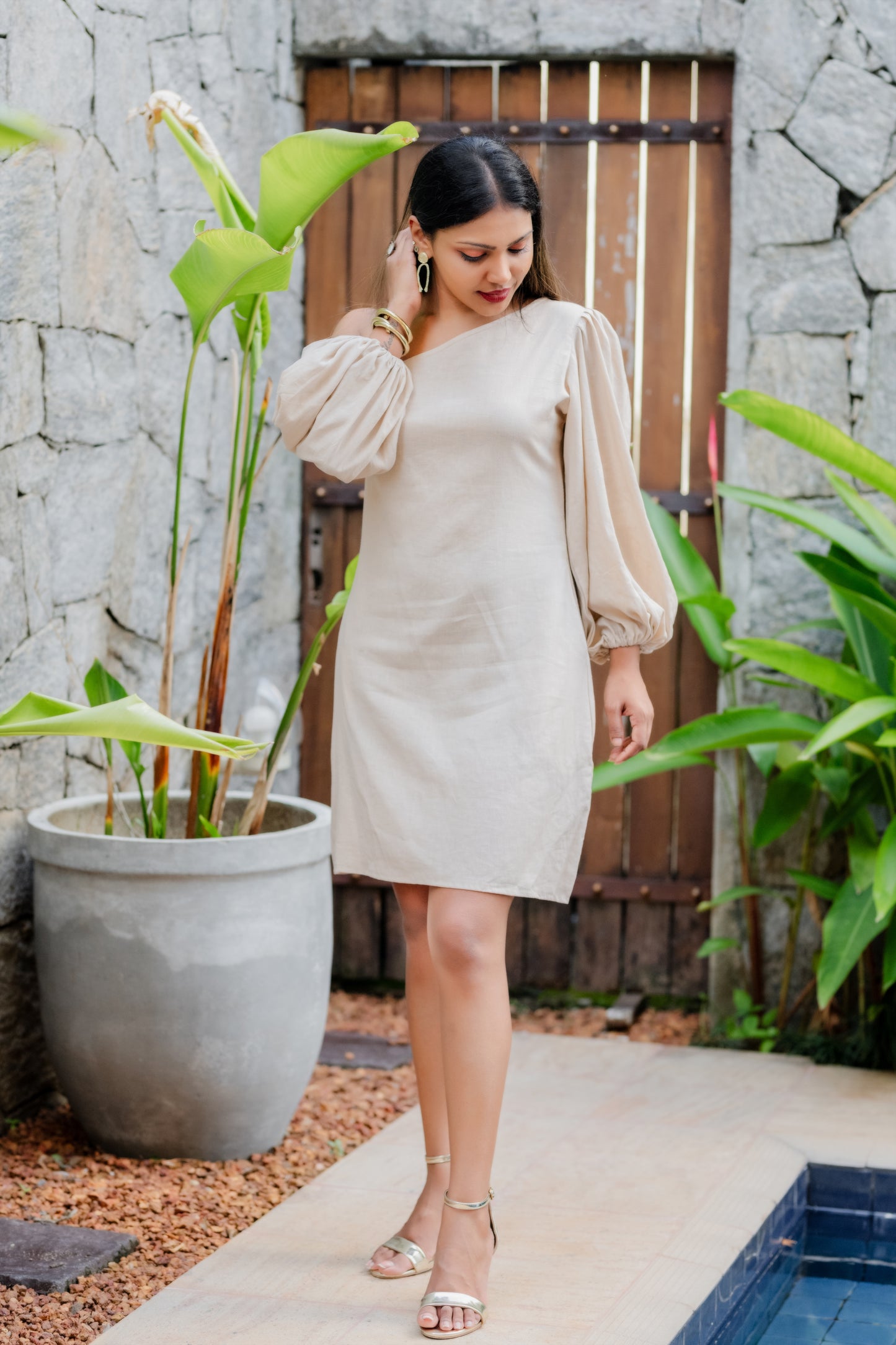 LUNE - One Shoulder Puff Sleeve Linen Dress (Beige) - Womens Wear