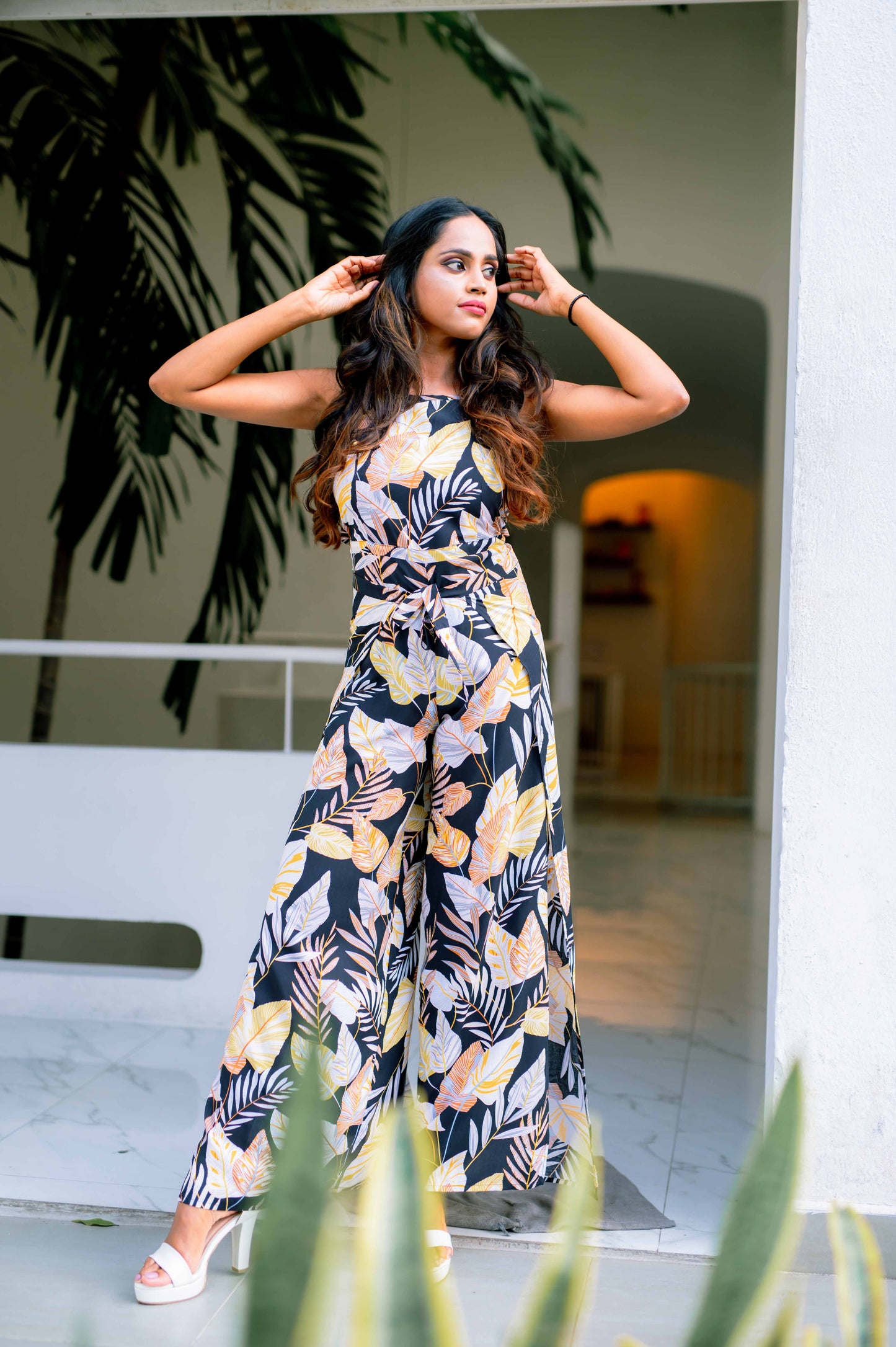 LU - Sleeveless Tie Waist Jumpsuit (Black) - Floral Printed - Womens Wear