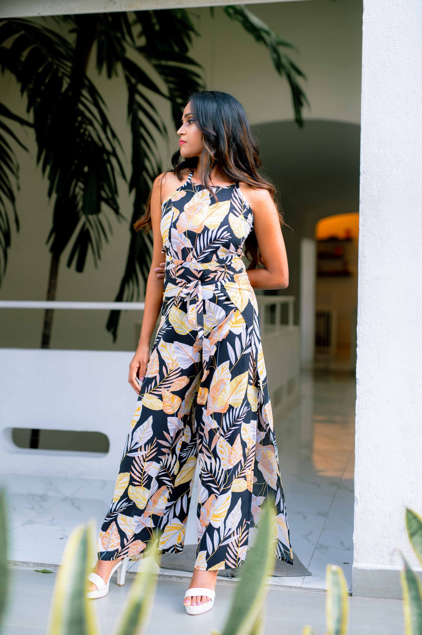 LU - Sleeveless Tie Waist Jumpsuit (Black) - Floral Printed - Womens Wear