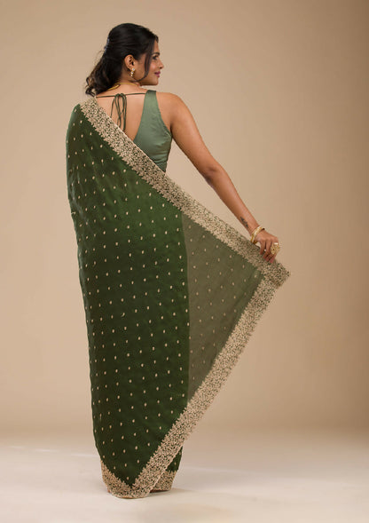 Cadillac & Co. | Bottle Green Soft Silk Saree with Zariwork
