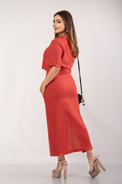 NIMORA - Button Midi Skirt (Terracotta Red) - 100% Linen - Womens Wear