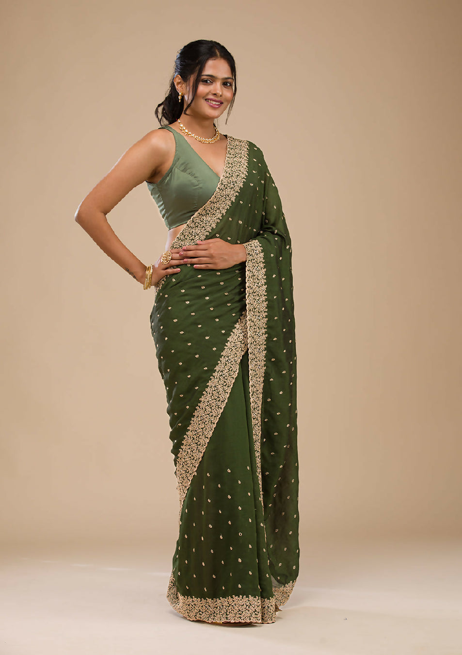 Cadillac & Co. | Bottle Green Soft Silk Saree with Zariwork