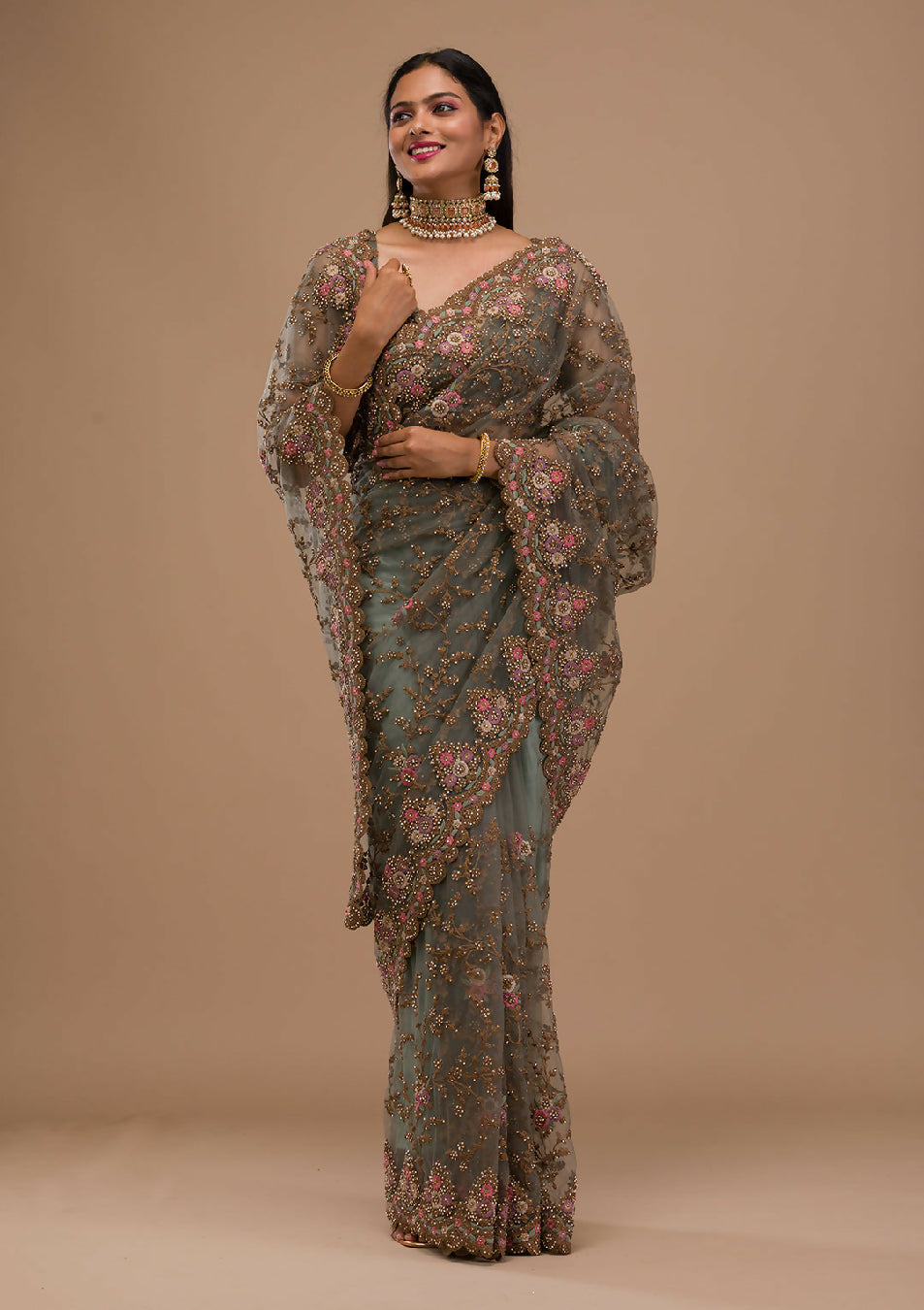 Cadillac & Co. - Bridal Saree in Net Fabric with Zariwork Embroidery | 3 colours