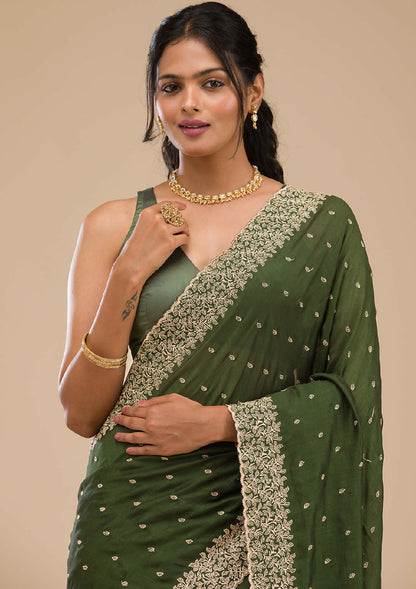 Cadillac & Co. | Bottle Green Soft Silk Saree with Zariwork