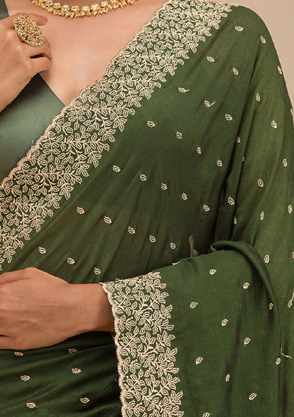 Cadillac & Co. | Bottle Green Soft Silk Saree with Zariwork