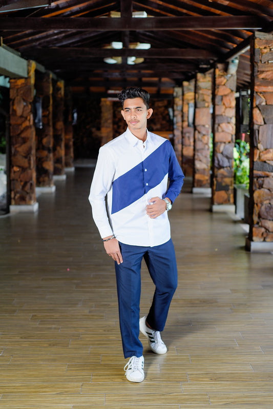 MATTHEW - Long Sleeve Dynamic Contrast Shirt (White/Blue) - Mens Wear