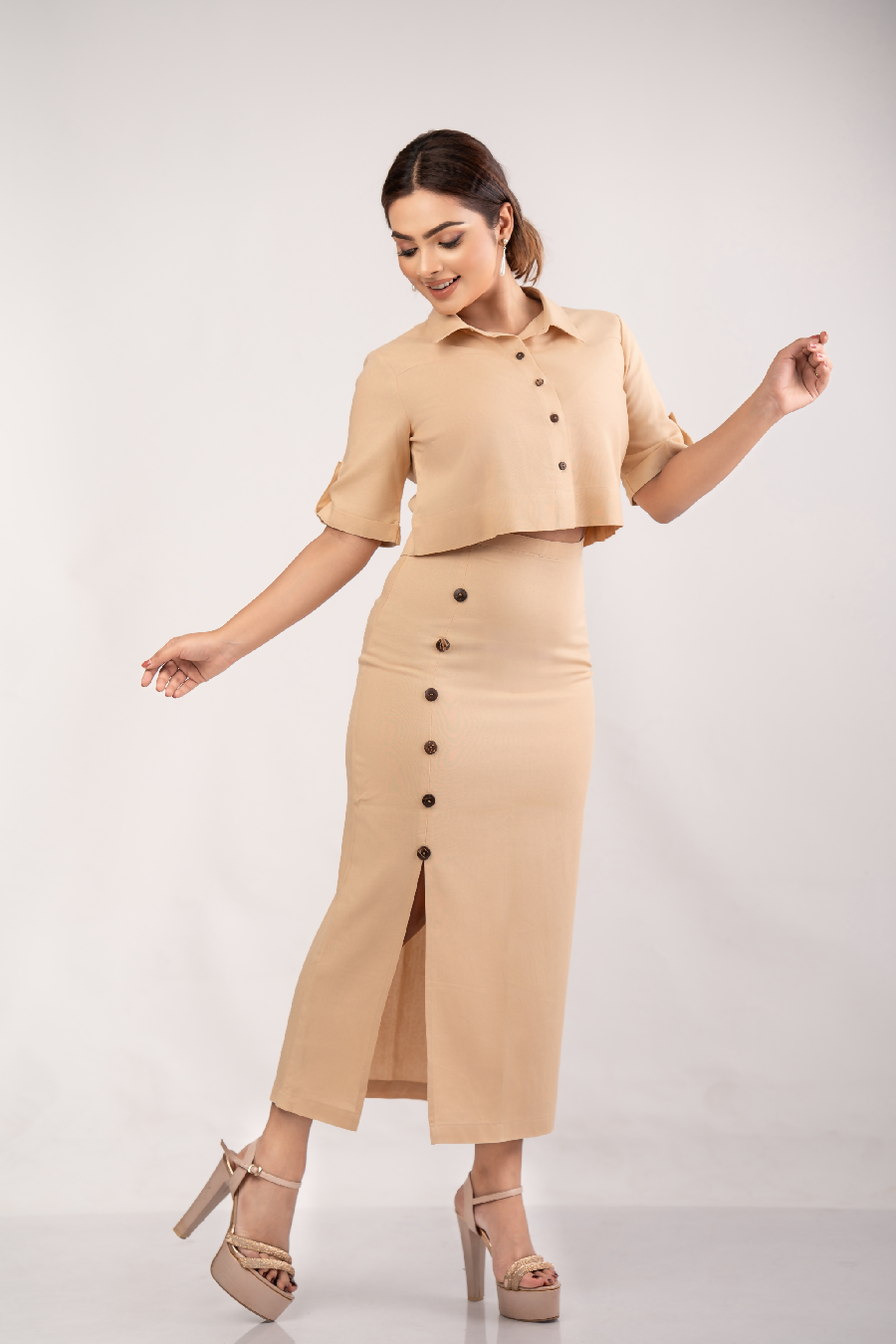 NIMORA - Button Midi Skirt (Beige) - 100% Linen - Womens Wear