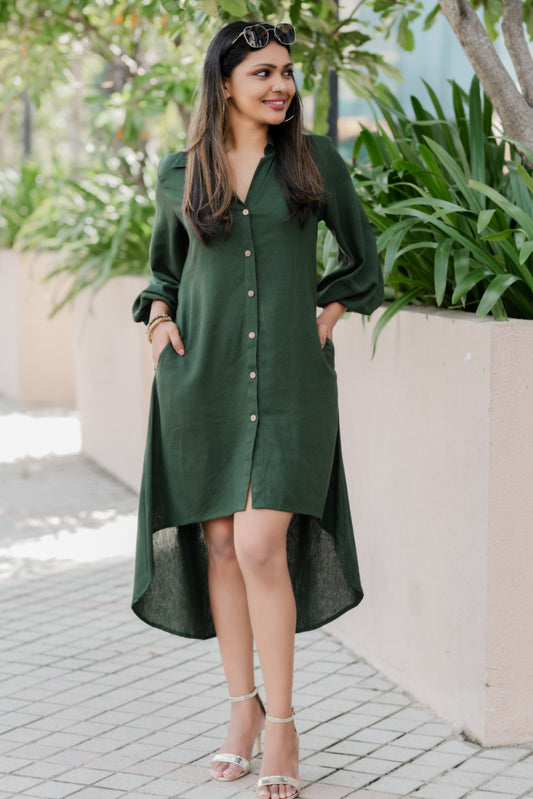 LUNE - Puff Sleeve Button Down Midi Linen Dress (Green) - Womens Wear