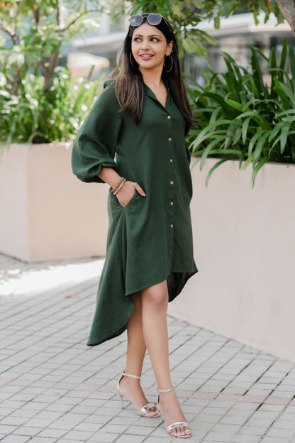 LUNE - Puff Sleeve Button Down Midi Linen Dress (Green) - Womens Wear