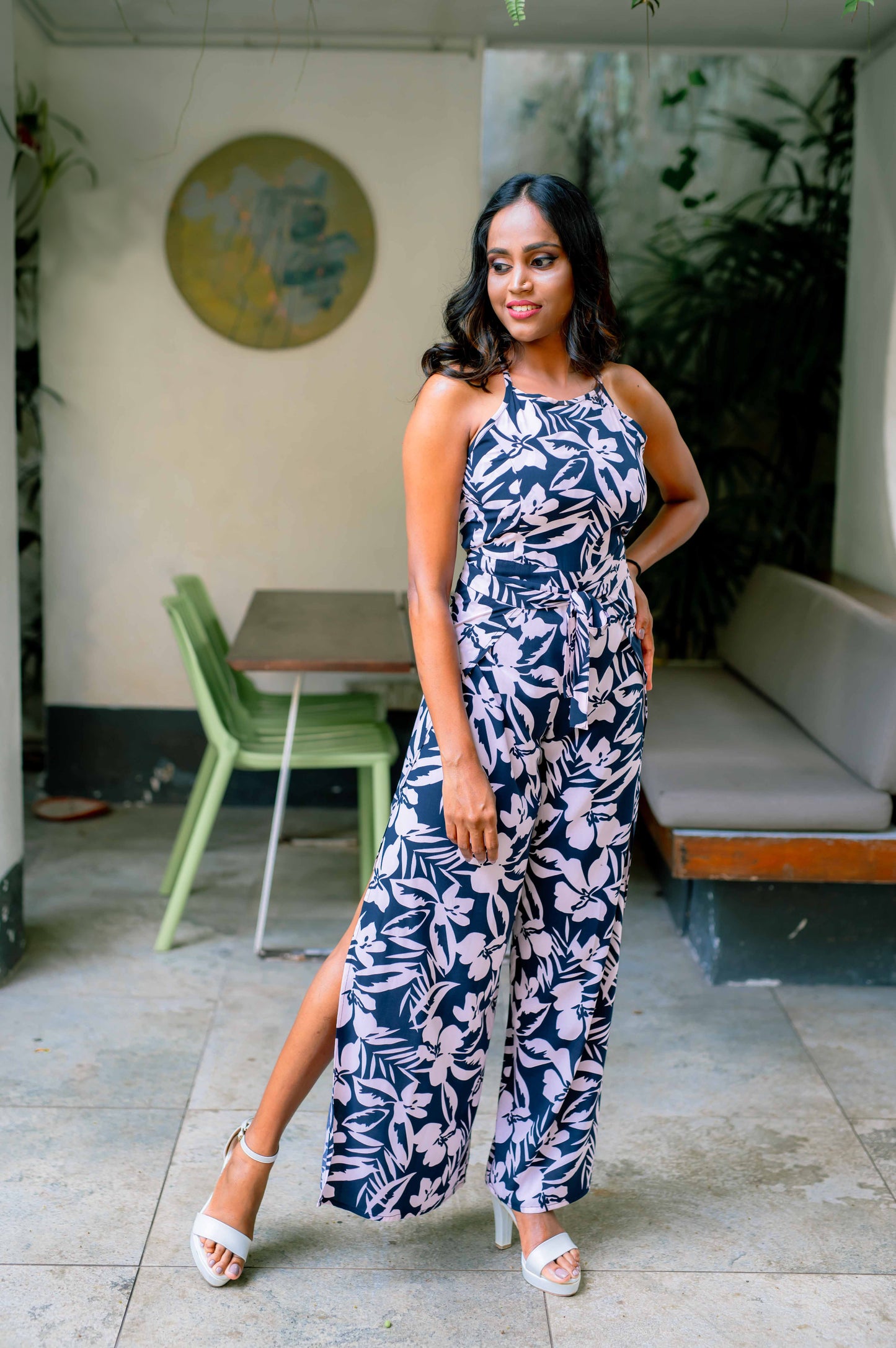 LU - Sleeveless Tie Waist Jumpsuit (Navy Blue) - Floral Printed - Womens Wear