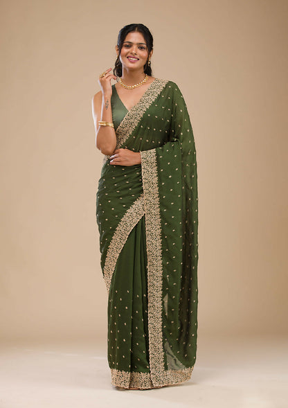 Cadillac & Co. | Bottle Green Soft Silk Saree with Zariwork