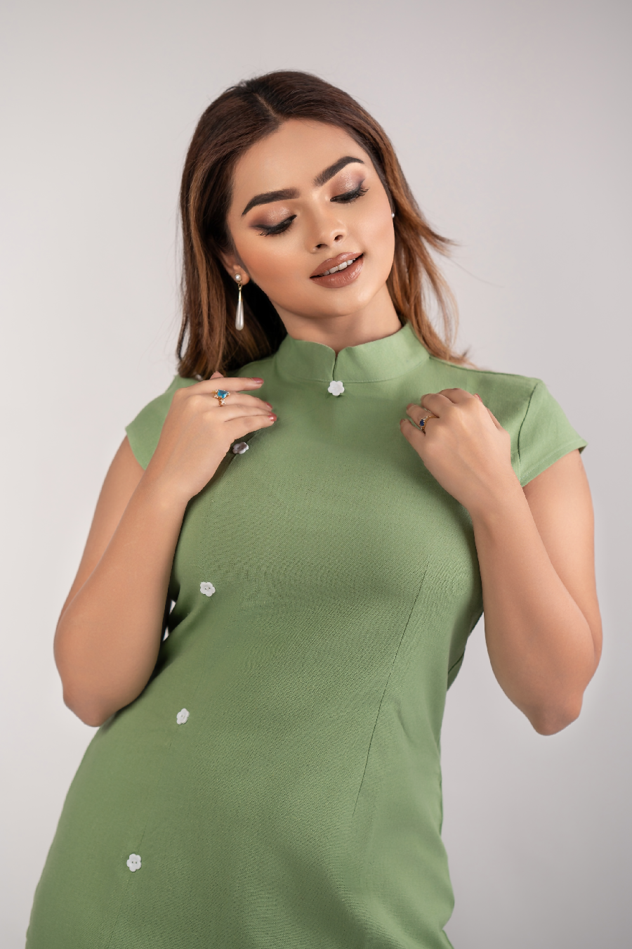 NIMORA - Petal Button Dress (Green) - 100% Linen - Womens Wear