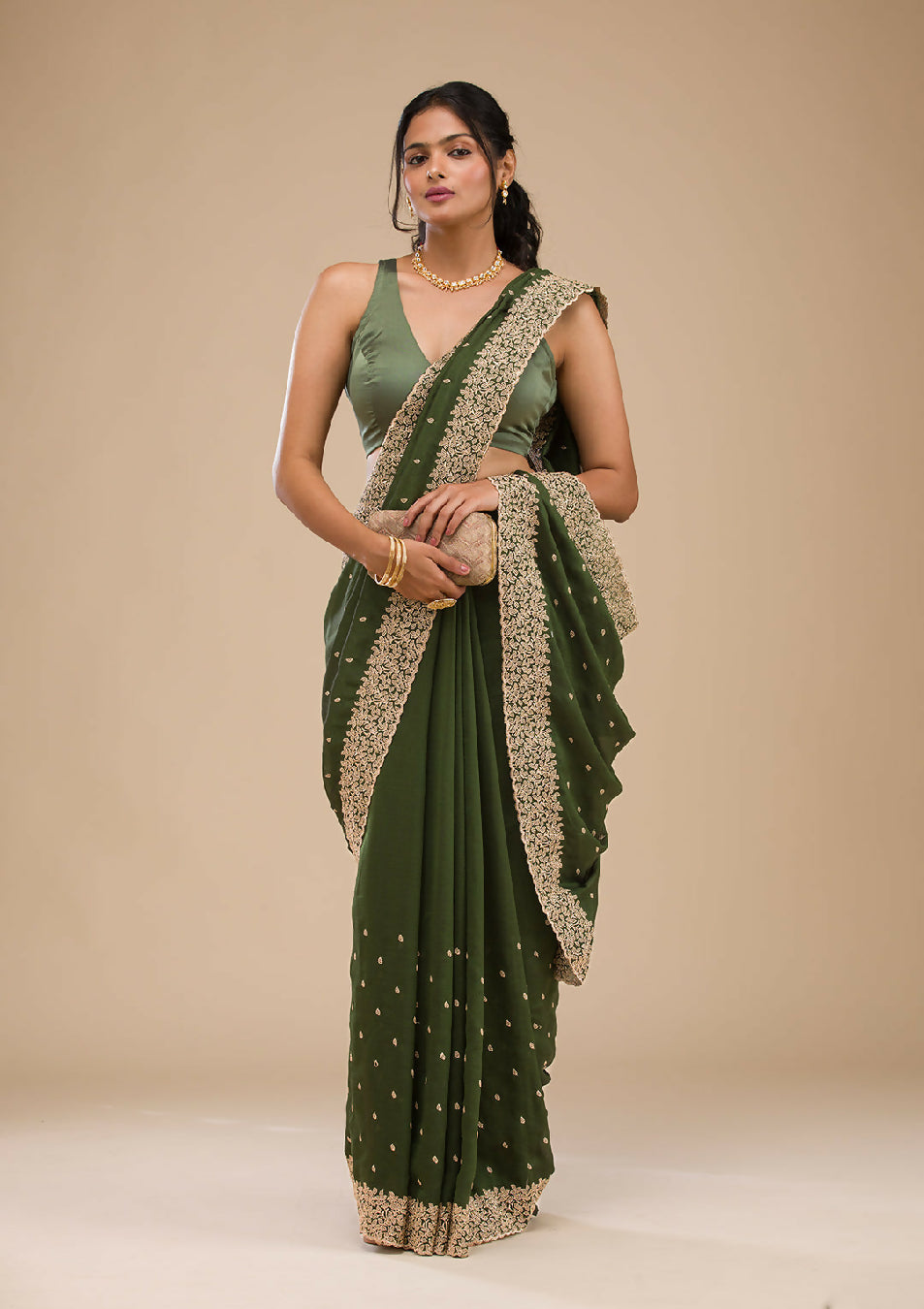 Cadillac & Co. | Bottle Green Soft Silk Saree with Zariwork