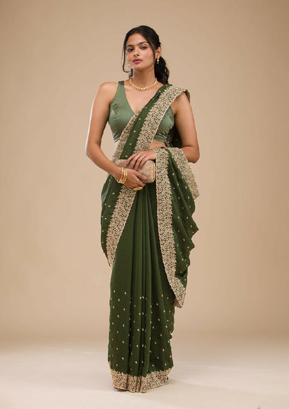 Cadillac & Co. | Bottle Green Soft Silk Saree with Zariwork