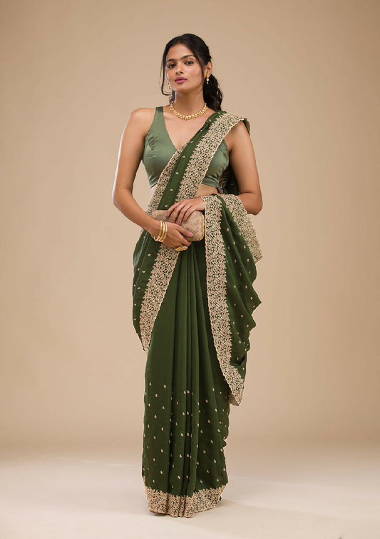 Cadillac & Co. | Bottle Green Soft Silk Saree with Zariwork