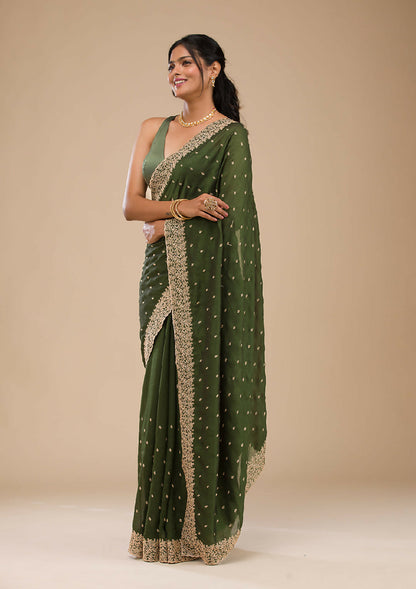 Cadillac & Co. | Bottle Green Soft Silk Saree with Zariwork